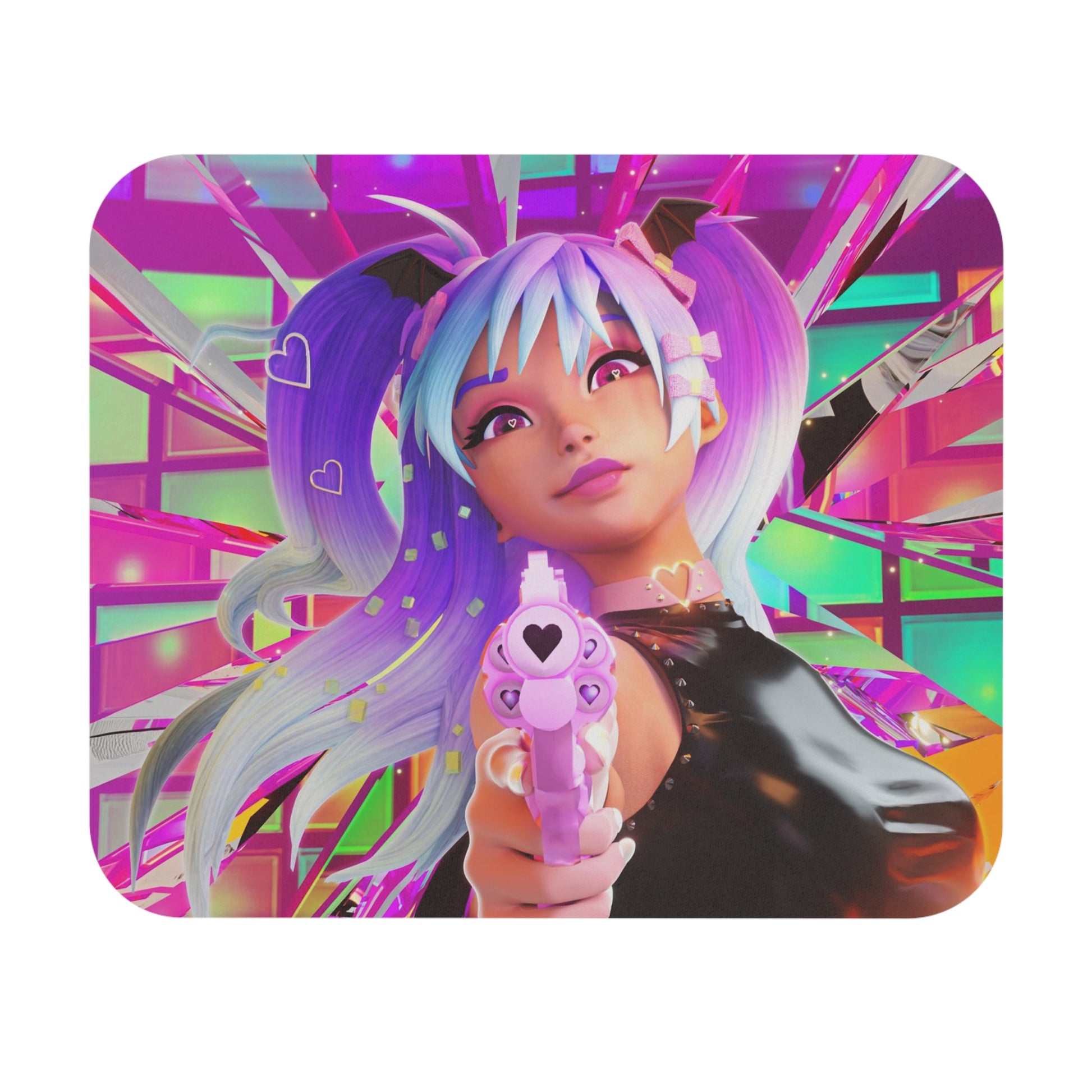 cyberpunk anime mouse pad featuring pastel pigtail girl aiming a pink heart gun against neon geometric background