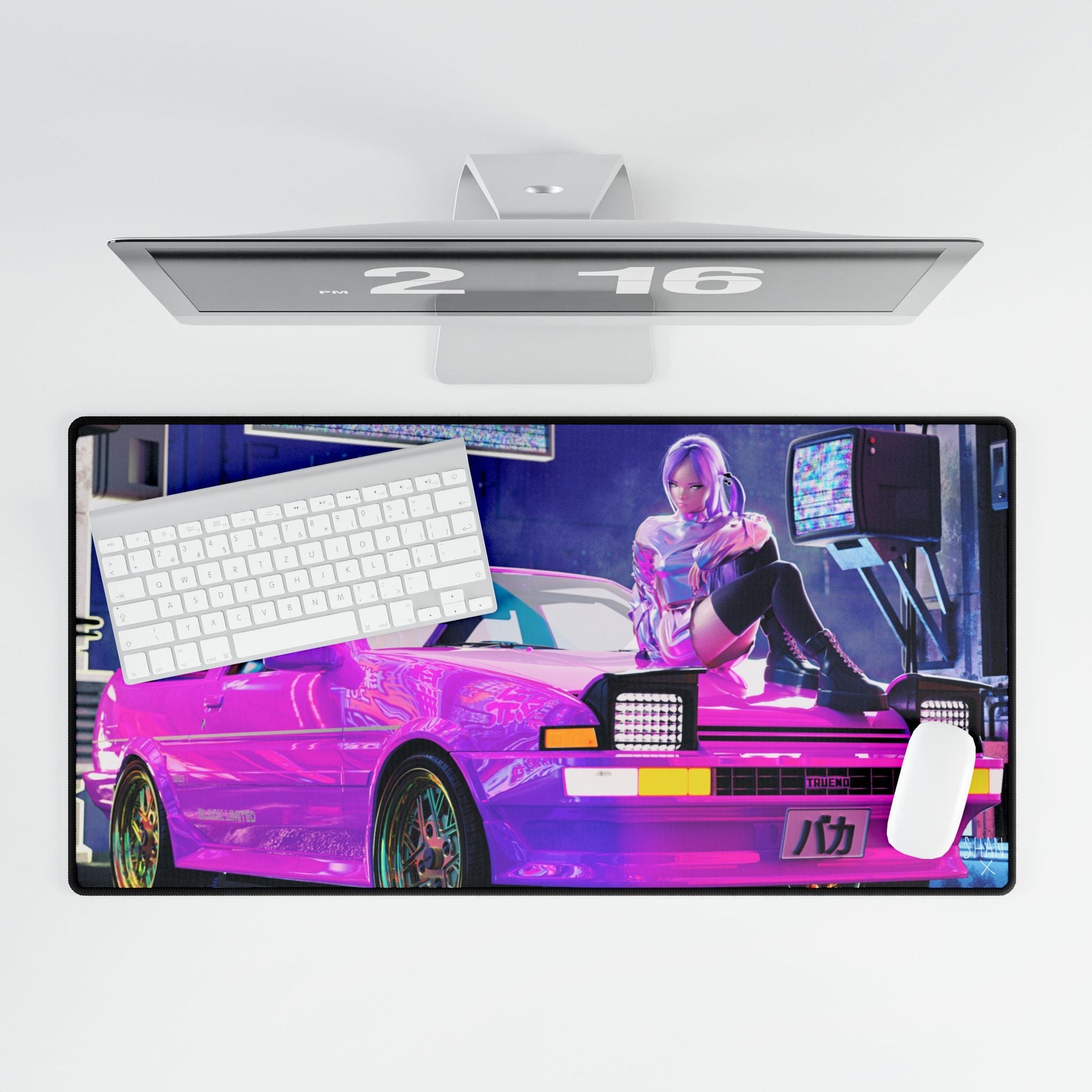 Printify large anime mouse pad for desk featuring neon pink car and an anime girl in cyberpunk scene