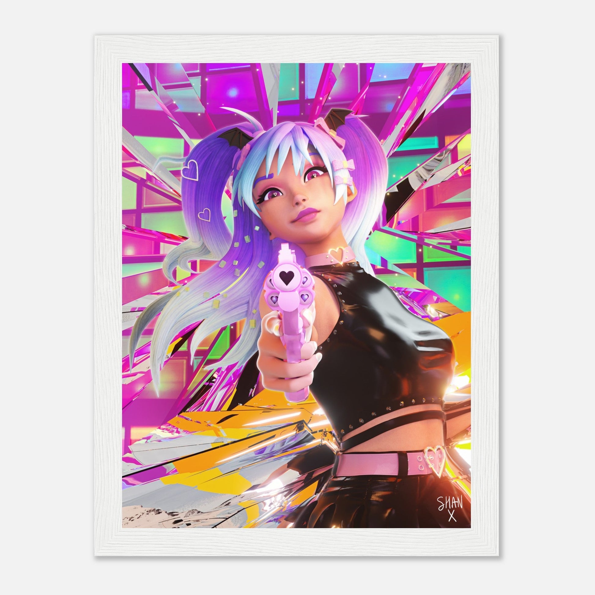 Bad Vibes cyberpunk framed poster of anime girl with pastel pigtails pointing a pink heart shaped gun in neon city
