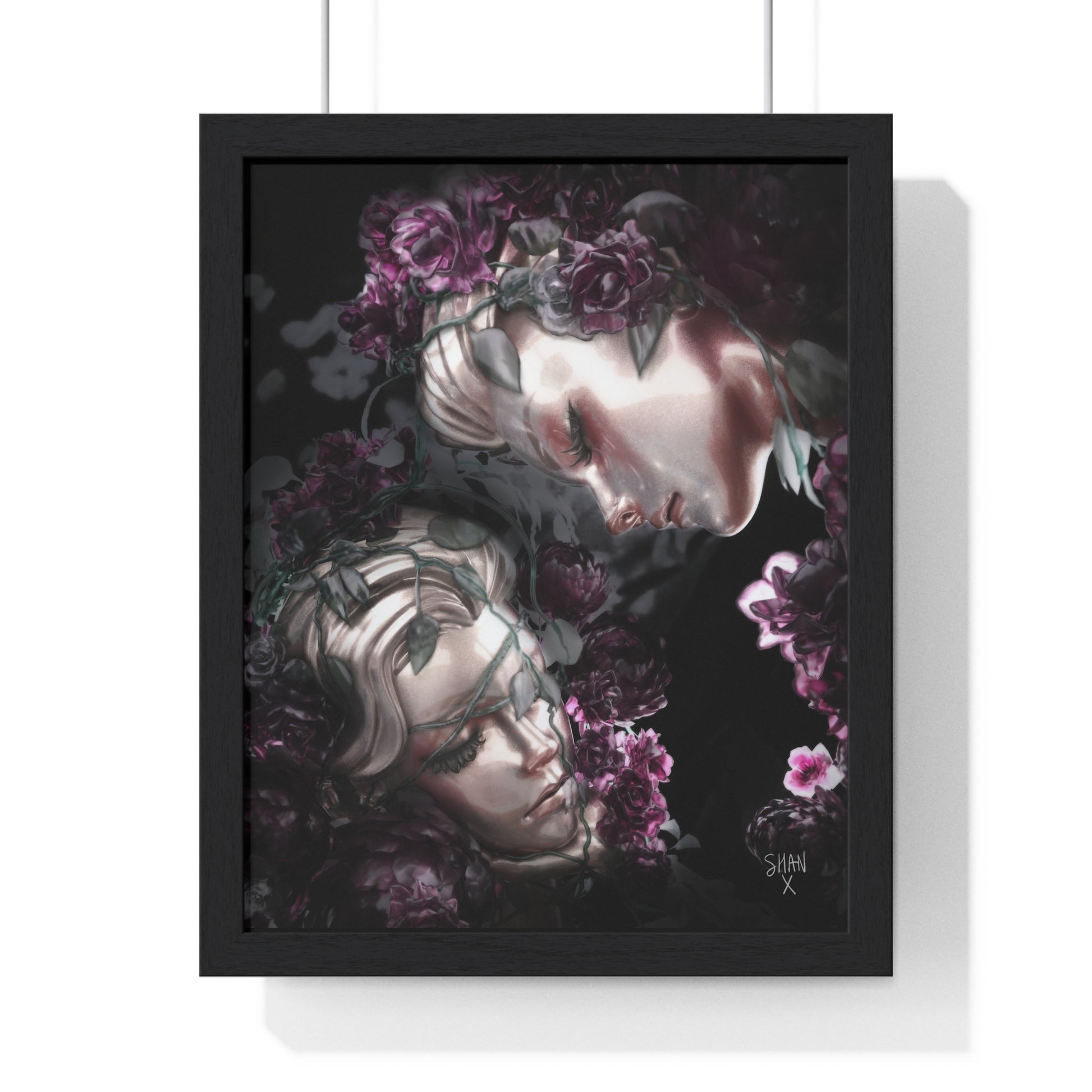 Printify dark fine art print with frame poster featuring two ethereal faces entwined with purple roses on black background