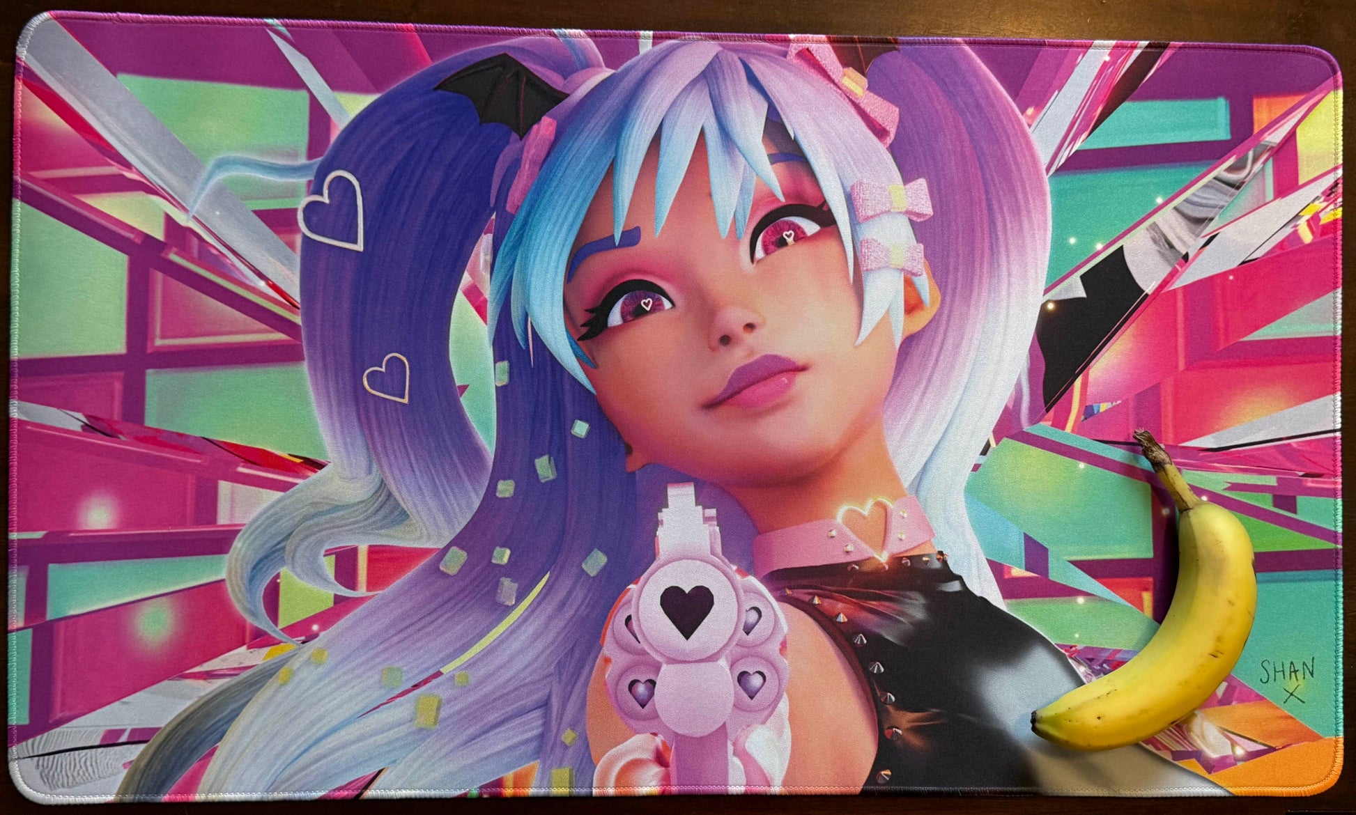 Bad Vibes Magic the Gathering playmat showing vibrant anime girl with pastel pigtails and banana for scale