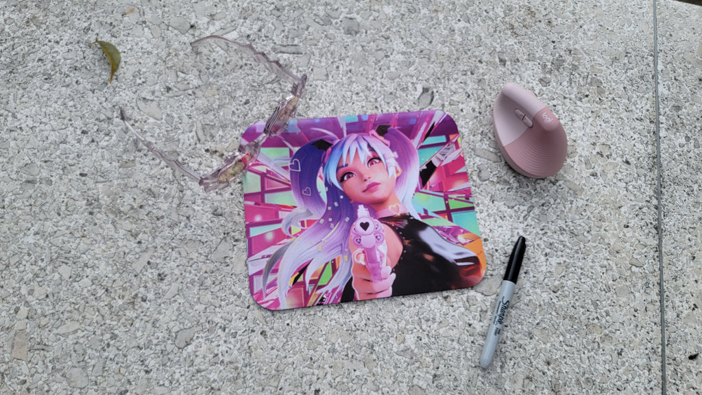Printify cyberpunk anime mouse pad on stone desk featuring neon anime girl design with pink mouse and glasses