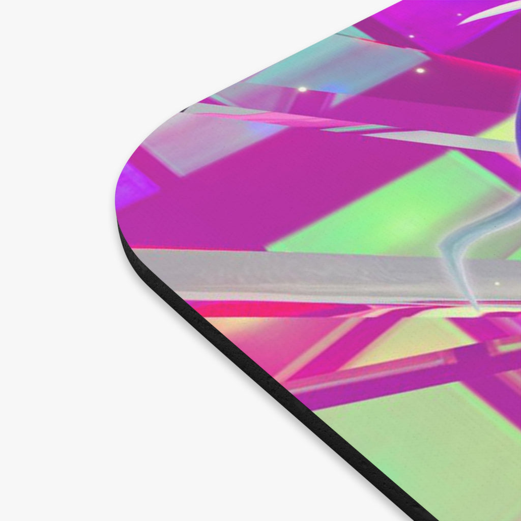 Printify cyberpunk anime mouse pad close up showing rounded corner neon pink green geometric print and black rubber base