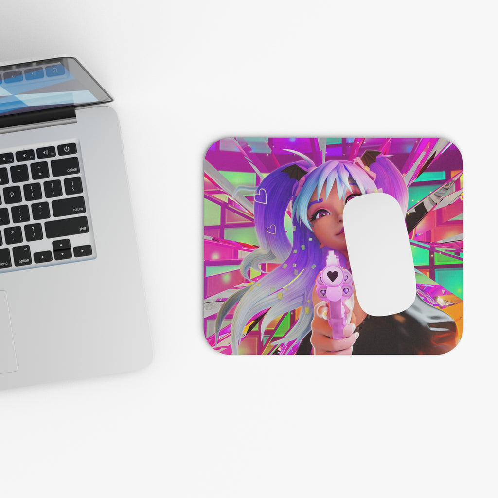 Printify cyberpunk anime mouse pad featuring neon anime girl with pastel hair and toy gun on desk for gaming and office