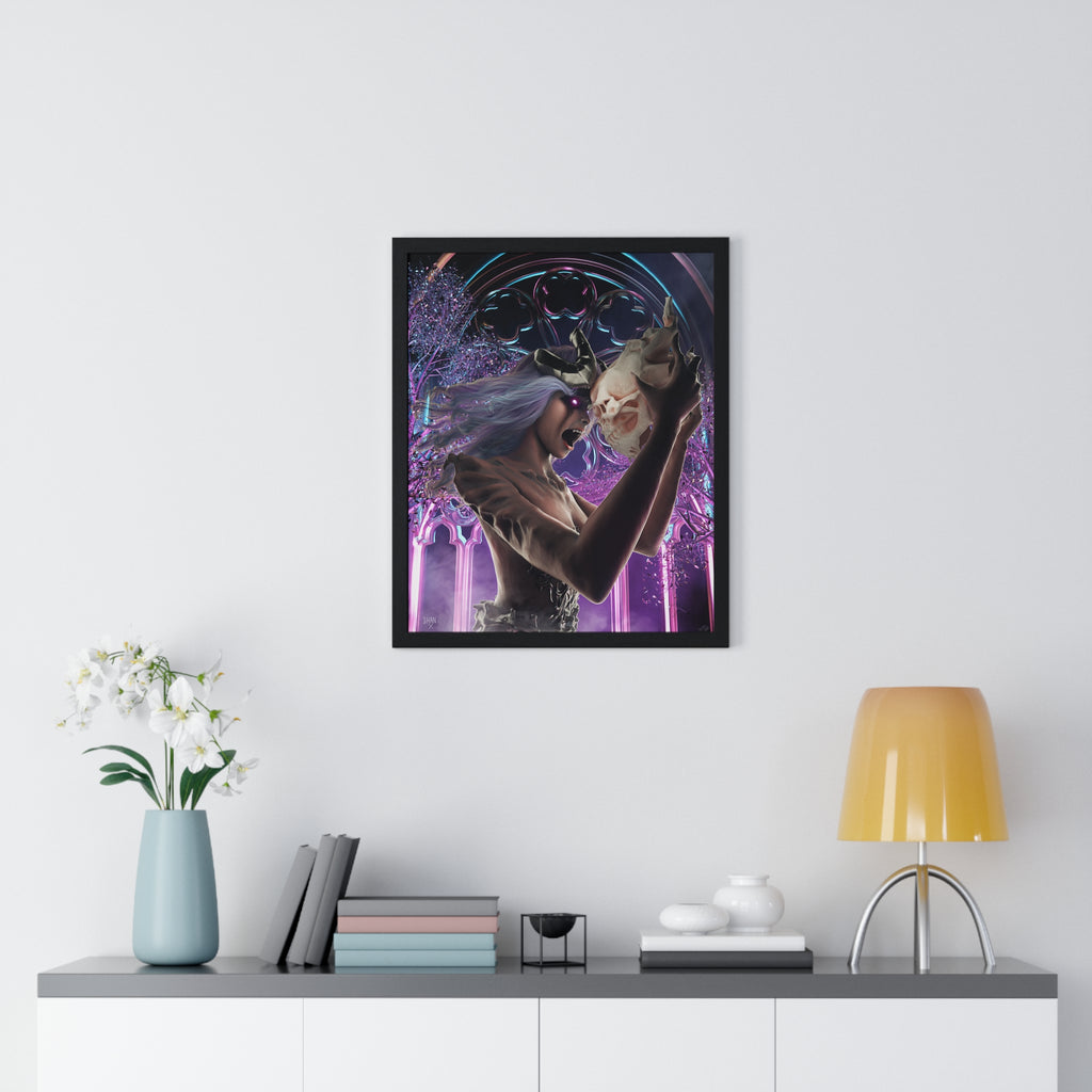 Printify poster featuring a neon purple woman holding a mask in a futuristic city cyberpunk fine art print
