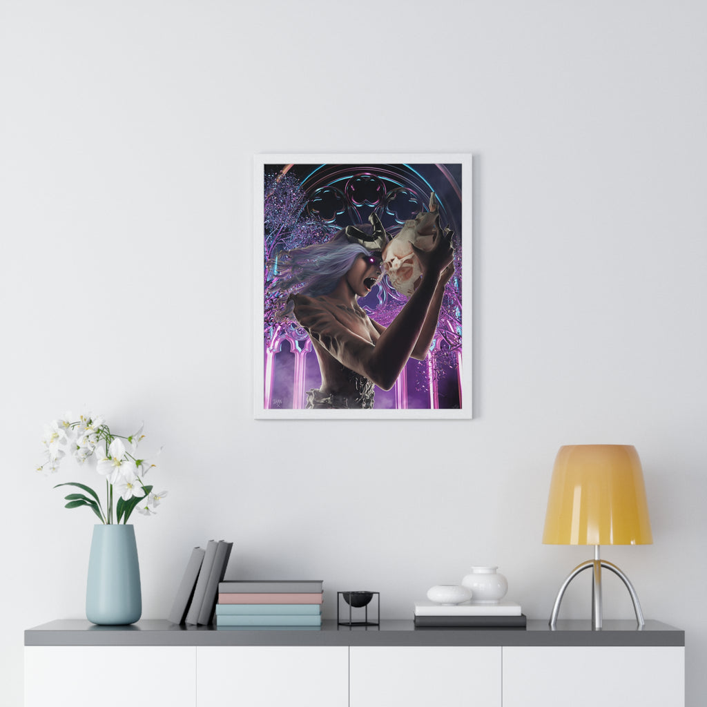 Printify poster featuring a cyberpunk fine art print of a purple haired woman holding a mask in neon city