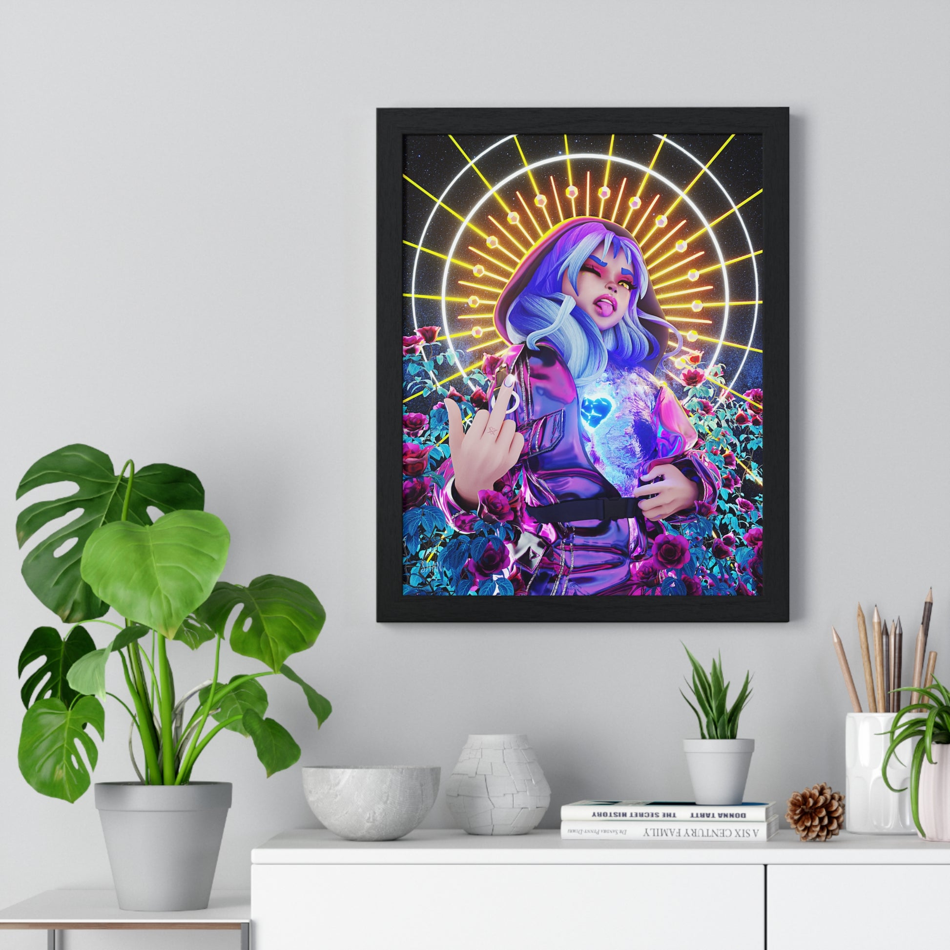 Printify framed poster of neon halo woman holding glowing heart among flowers cyberpunk fine art print for modern decor