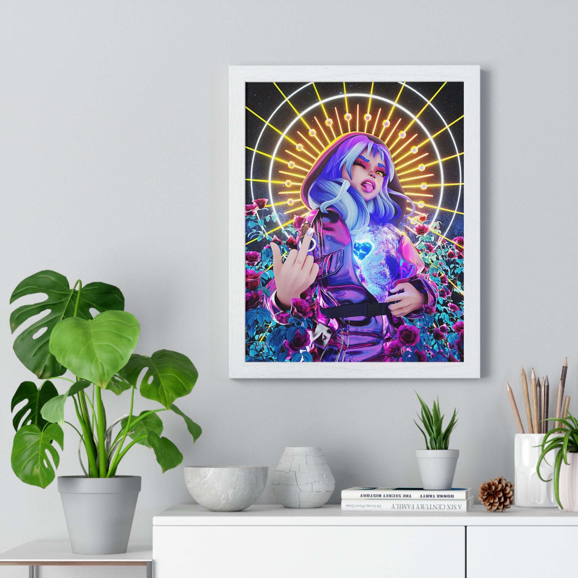 Framed Printify poster of a neon haloed cyberpunk woman with glowing heart and roses cyberpunk fine art print
