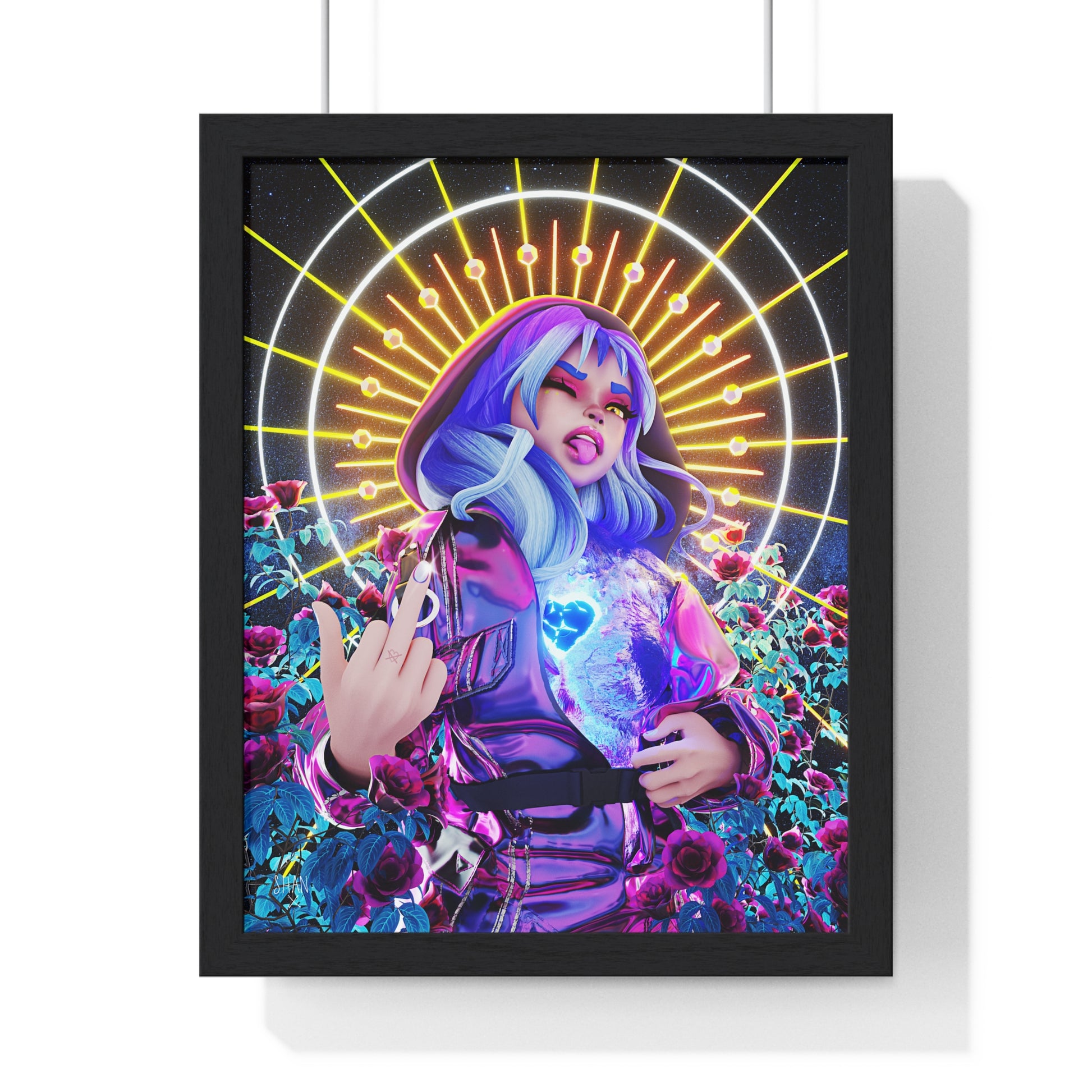 Printify framed poster of neon woman in hood showing middle finger with glowing heart and roses cyberpunk fine art print