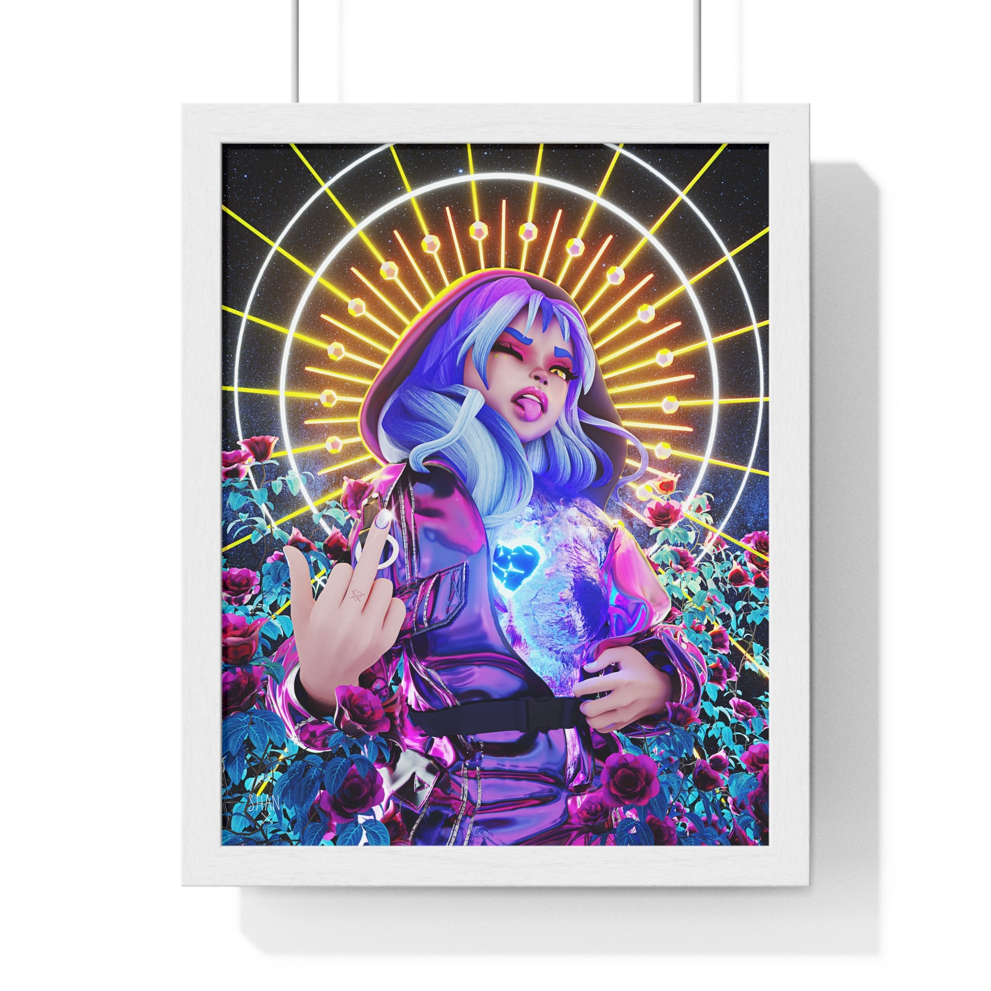 Printify poster of a neon female with blue hair, hood, glowing heart and halo over roses cyberpunk fine art print