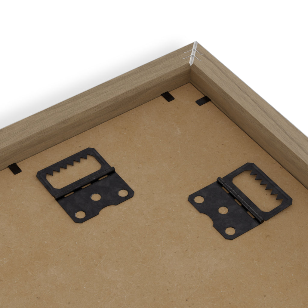 Printify poster back view showing wooden frame corner MDF backing and metal hangers for wall display cyberpunk fine art print