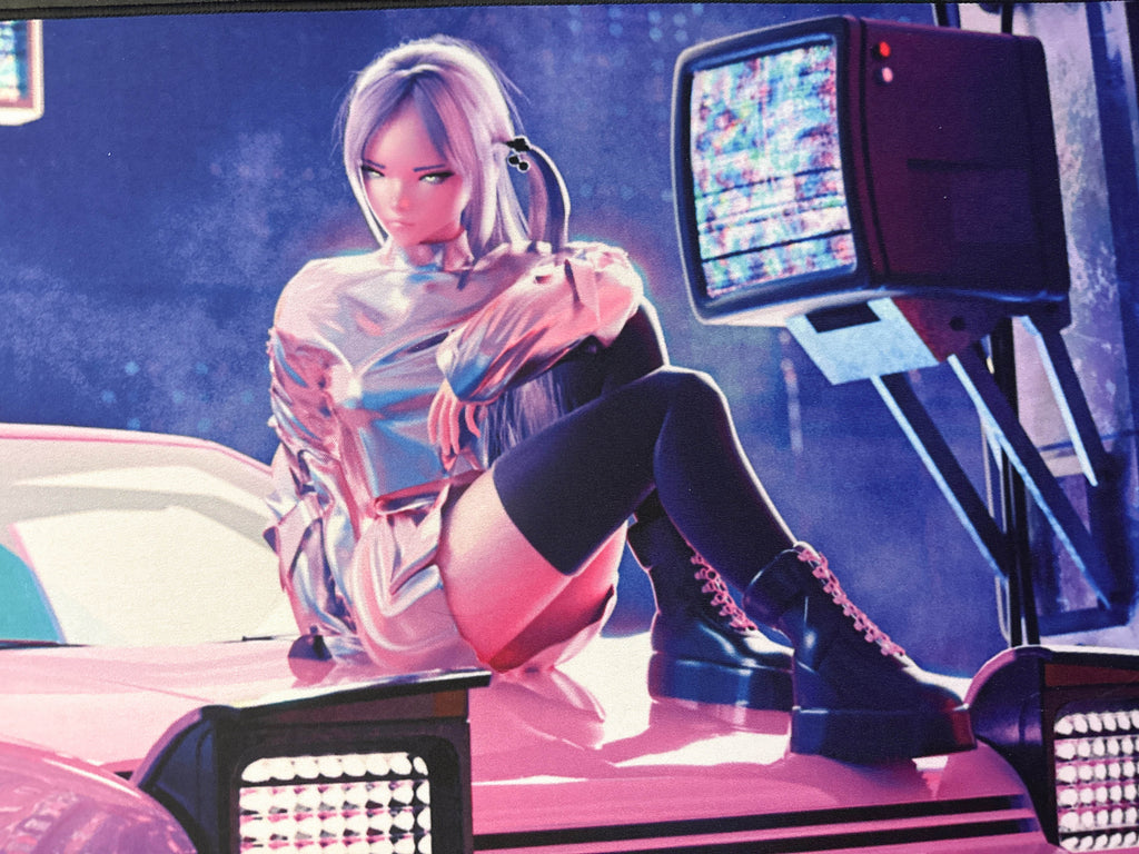 Printify large anime mouse pad for desk featuring neon vaporwave girl lounging on pink car with CRT TV