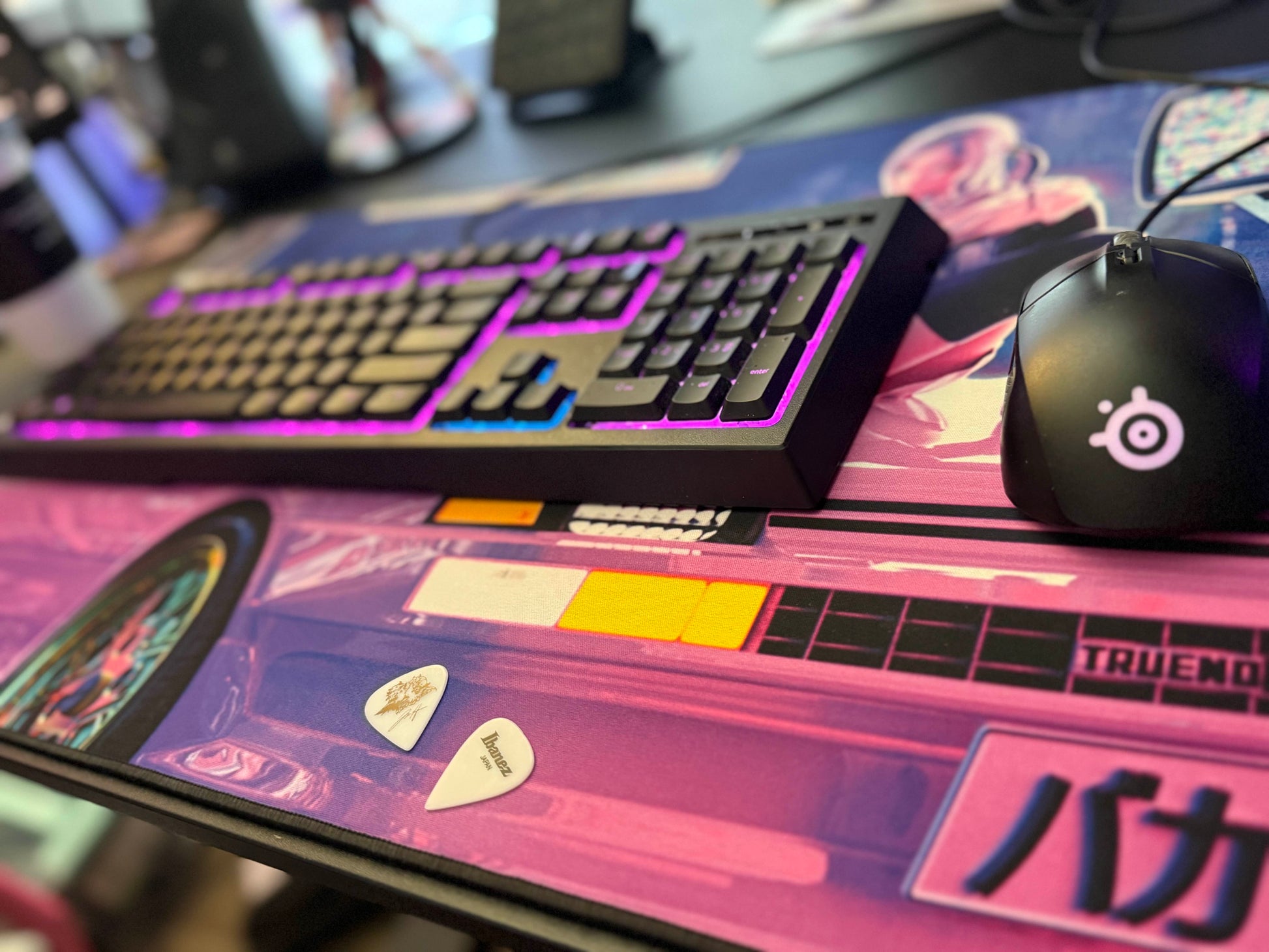 large anime mouse pad for desk with pink purple retro anime art RGB keyboard gaming mouse and guitar picks