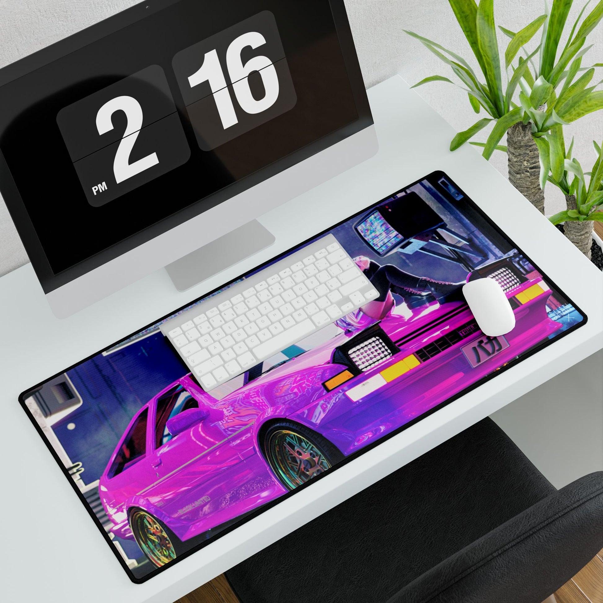 Printify large anime mouse pad for desk featuring vibrant neon pink racing car artwork on a white gaming desk