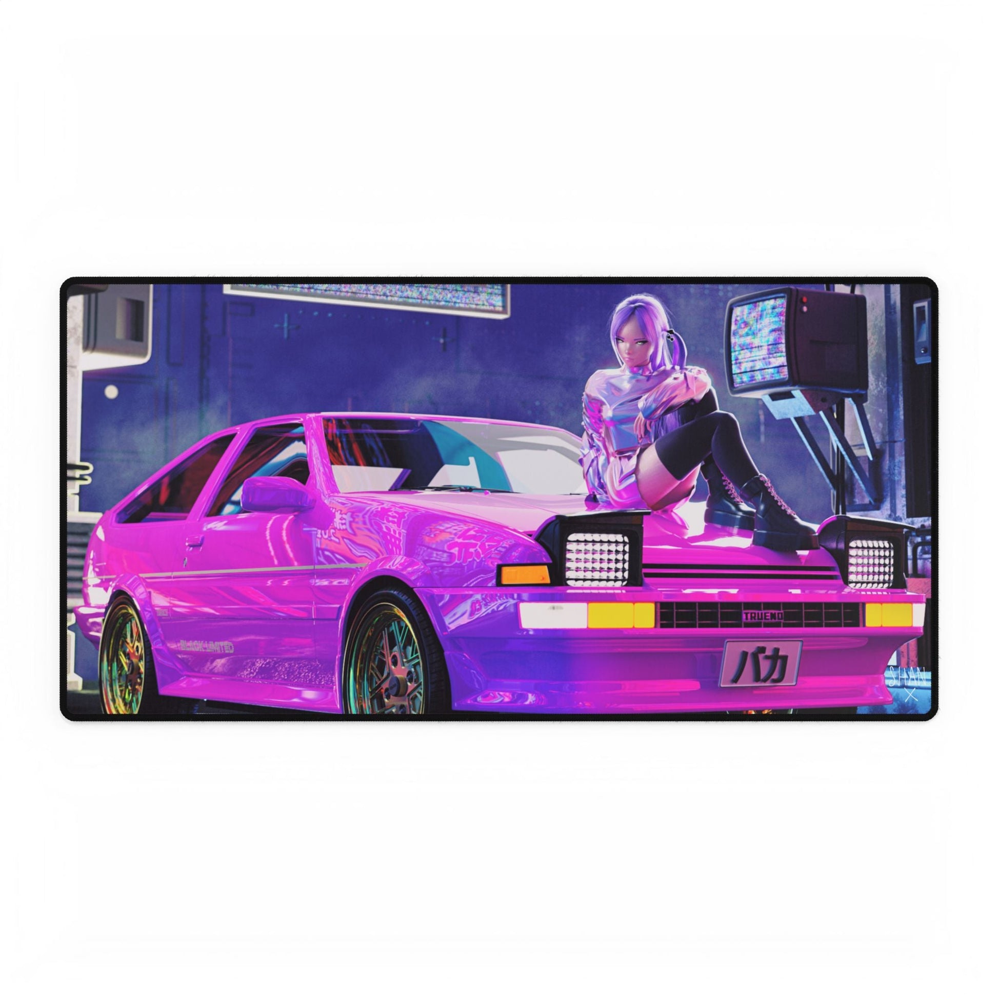 large anime mouse pad for desk featuring neon pink retro car with anime girl in cyberpunk garage