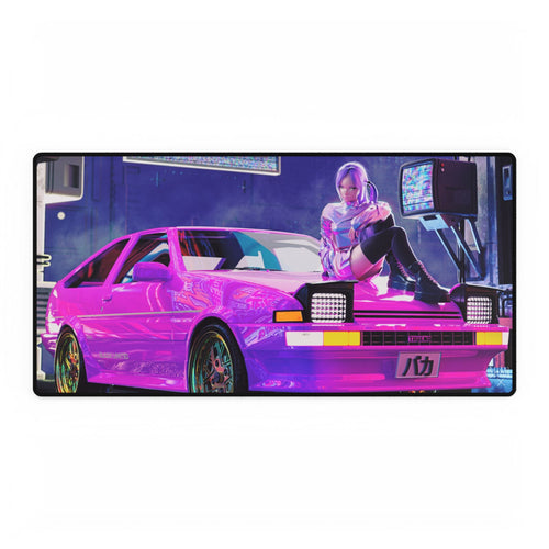 large anime mouse pad for desk featuring neon pink retro car with anime girl in cyberpunk garage