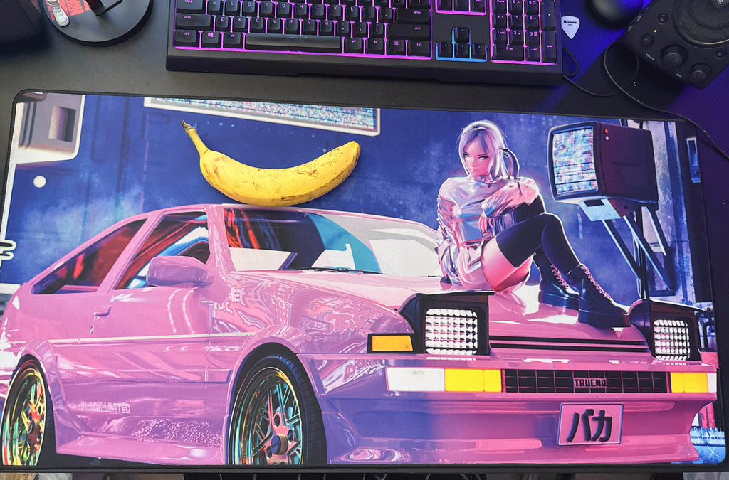 Printify large anime mouse pad for desk featuring a pink retro car and cyberpunk anime girl on neon background