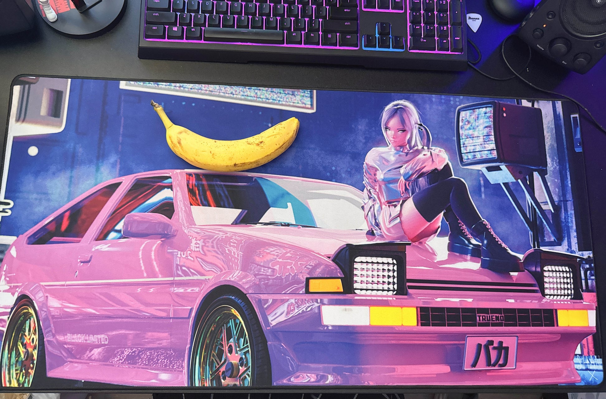 Printify large anime mouse pad for desk featuring a pink retro car and cyberpunk anime girl on neon background