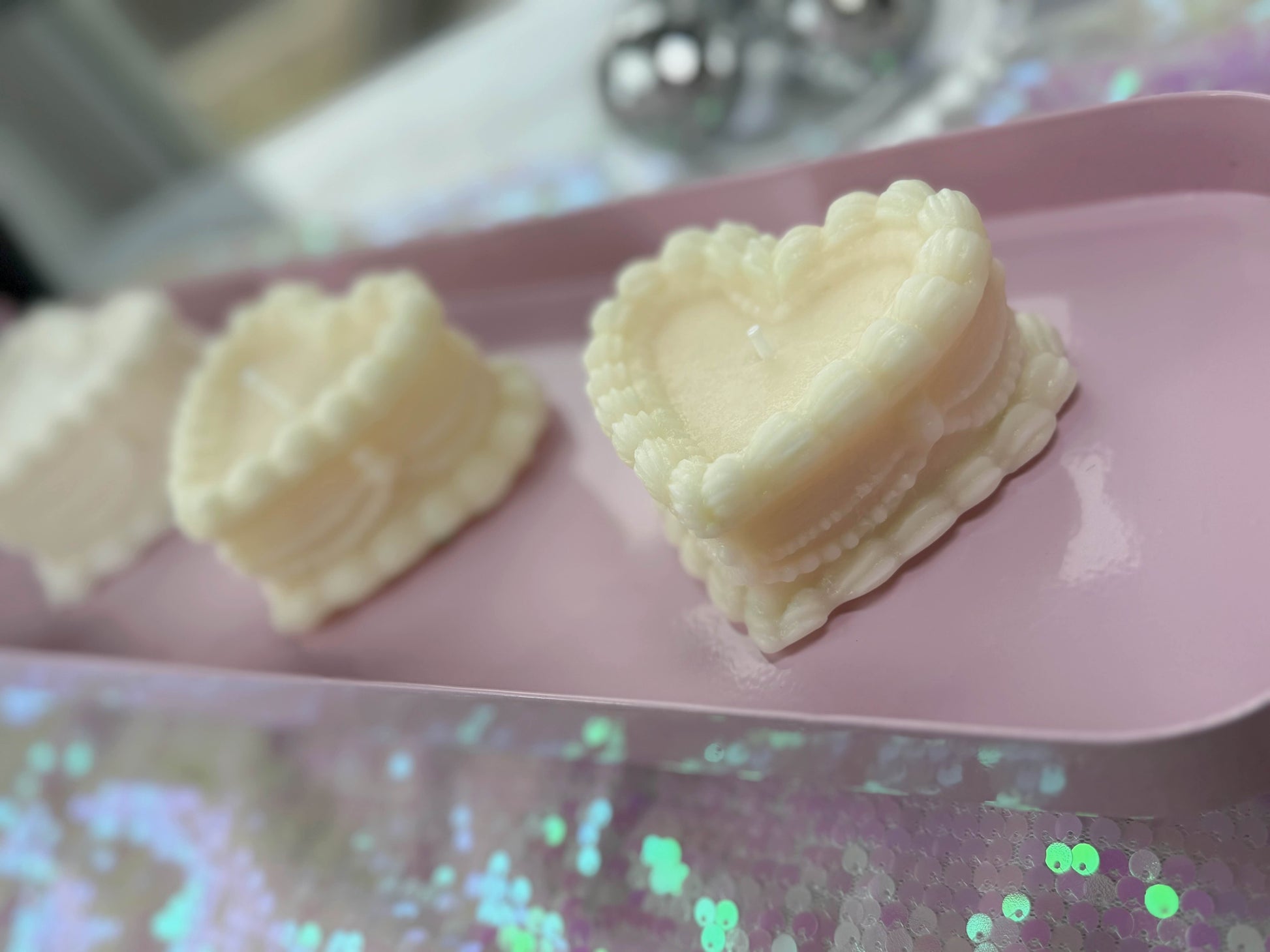 Bad Vibes vintage coquette cake candle set of cream heart candles on pink tray for home decor