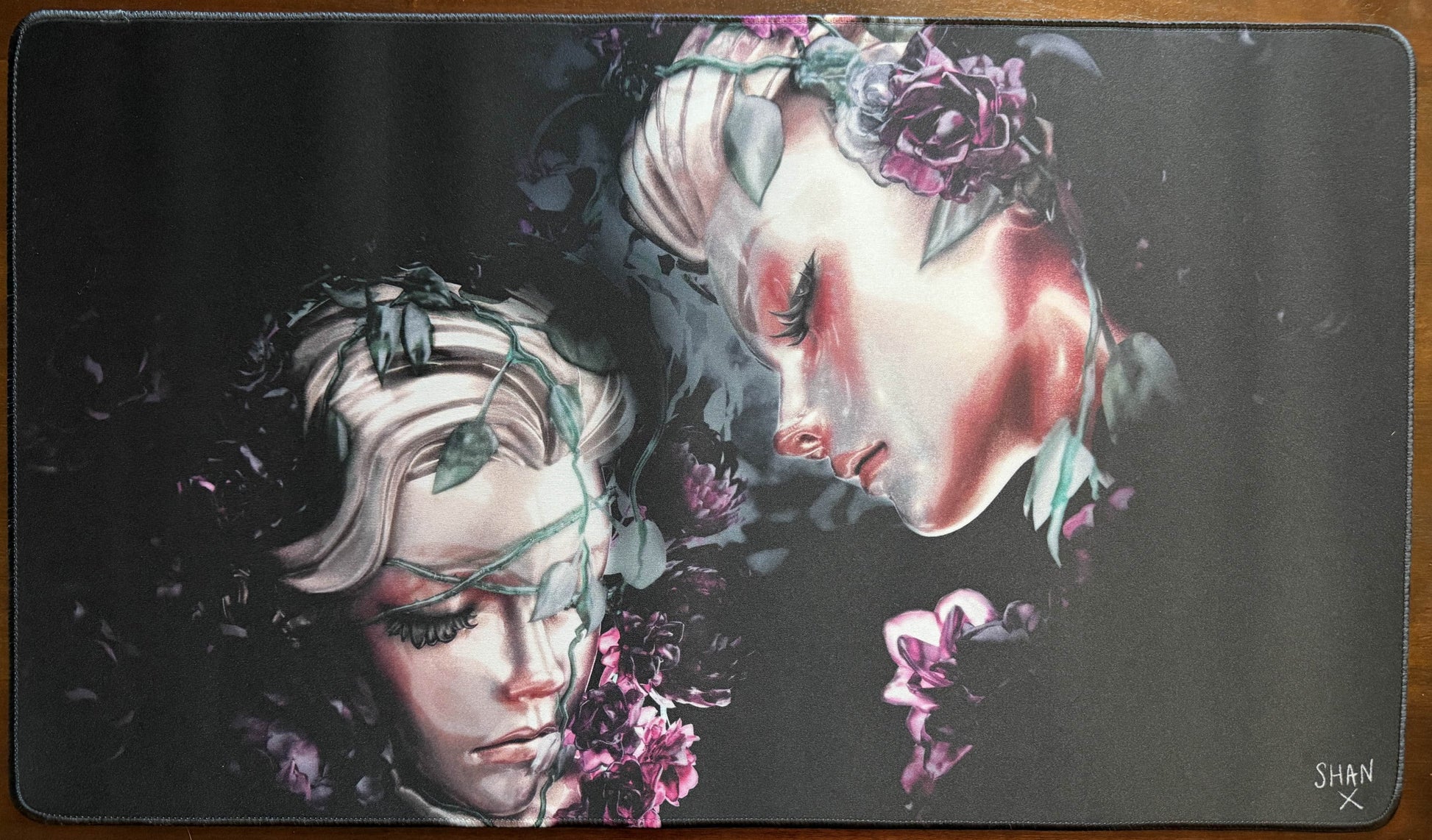 Bad Vibes home decor print of two ethereal female faces entwined with roses on dark background