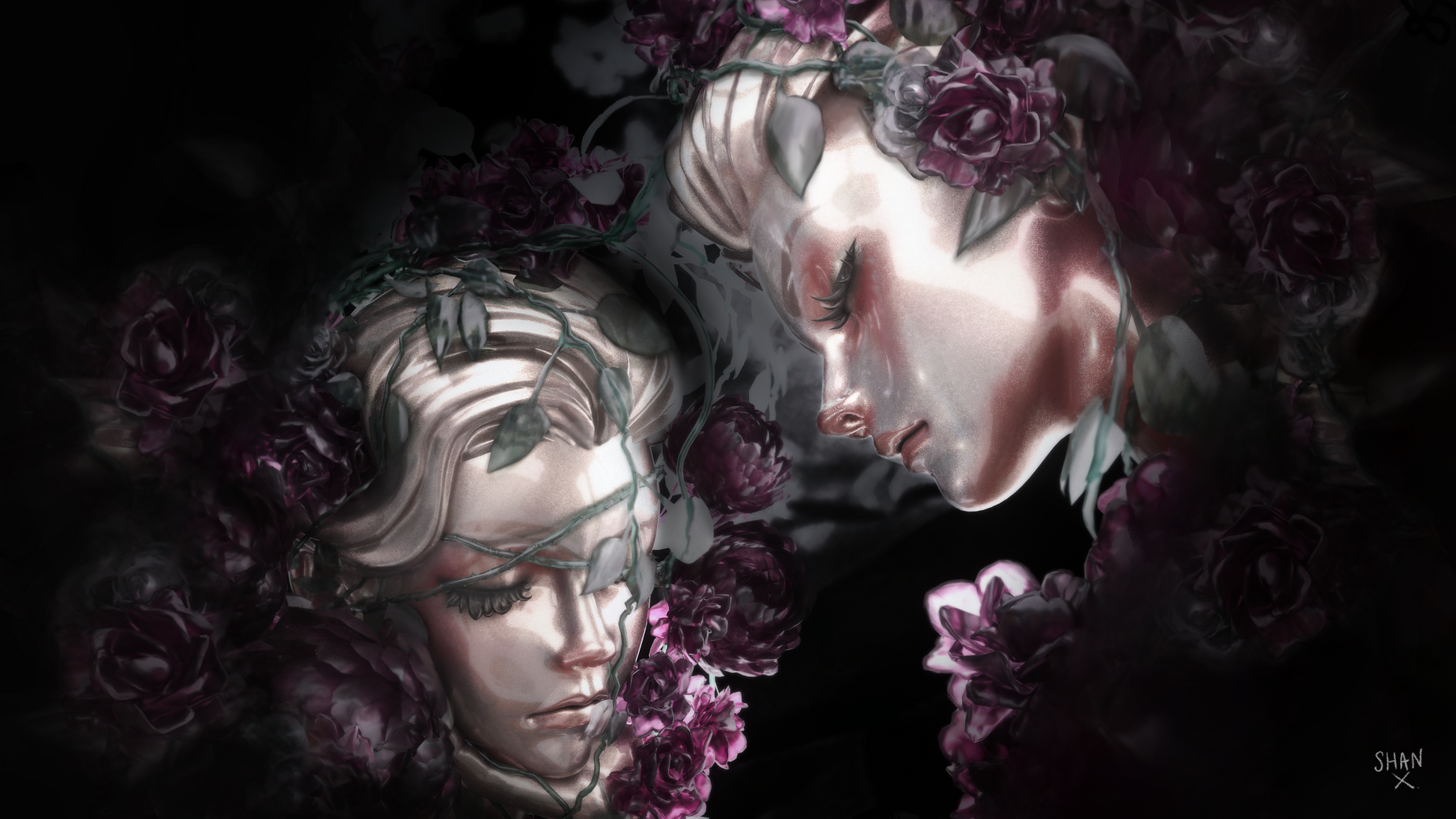Bad Vibes Home Decor art print of two ethereal pale faces surrounded by dark purple roses and vines
