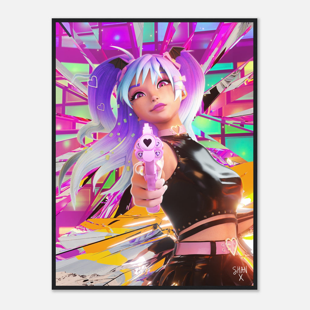 Bad Vibes cyberpunk framed poster showing anime girl with purple pigtails aiming a pink heart gun in neon city