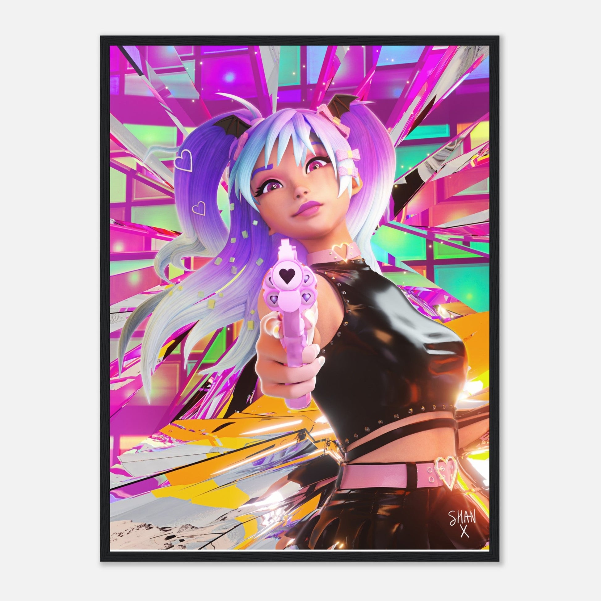 Bad Vibes cyberpunk framed poster of anime girl with pastel purple pigtails aiming a pink heart shaped gun