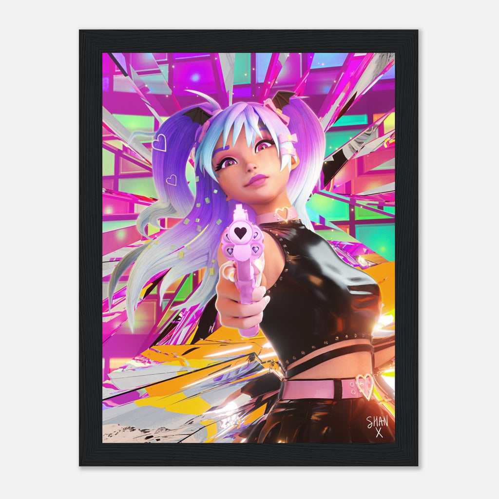 Bad Vibes cyberpunk framed poster of anime girl with pastel twin tails aiming a pink heart gun over neon geometric background