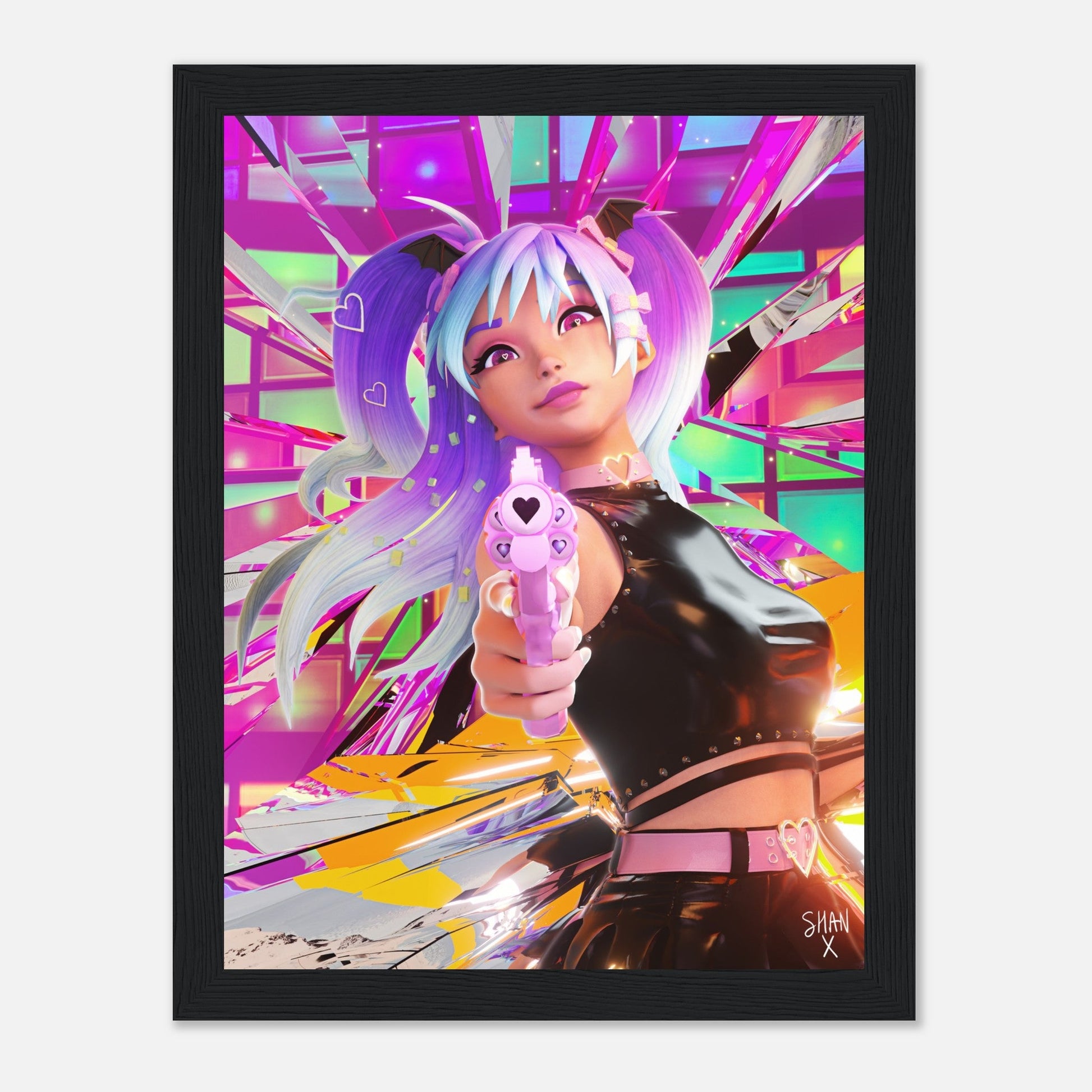 Bad Vibes cyberpunk framed poster of anime girl with pastel twin tails aiming a pink heart gun over neon geometric background
