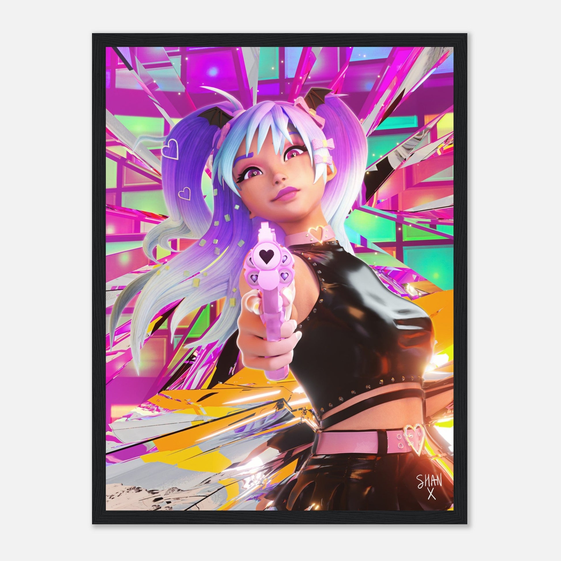 Bad Vibes cyberpunk framed poster featuring anime girl with purple pigtails aiming a pink heart gun in neon city