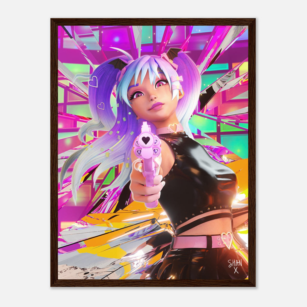 Bad Vibes cyberpunk framed poster of anime girl with purple pigtails aiming pink heart gun on neon shattered background