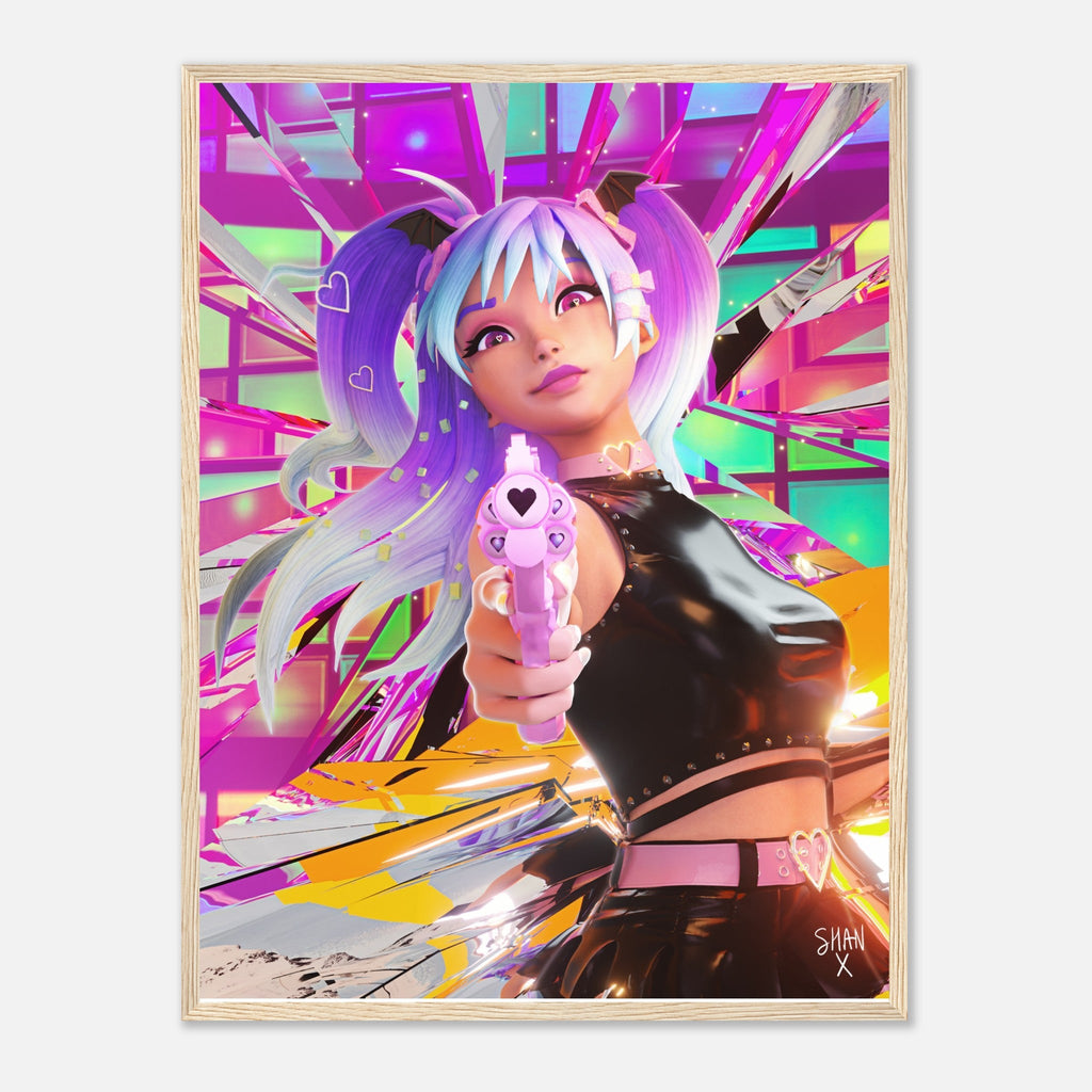 Bad Vibes cyberpunk framed poster of anime girl with pastel pigtails aiming pink heart gun in neon city