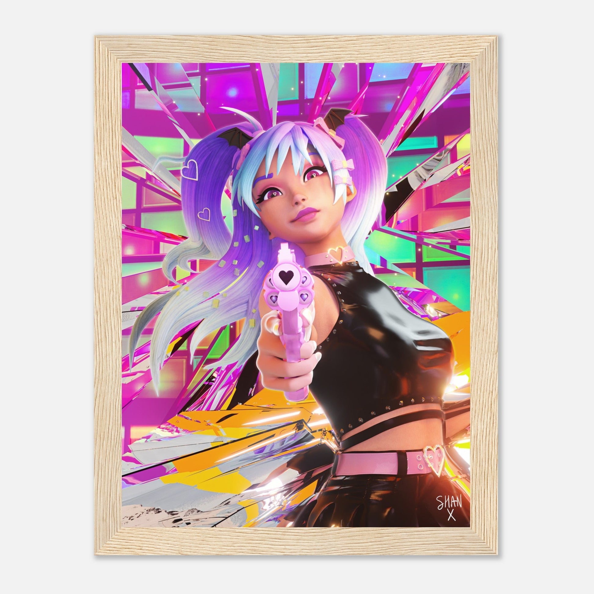 Bad Vibes cyberpunk framed poster of anime girl with pastel pigtails aiming pink heart shaped gun
