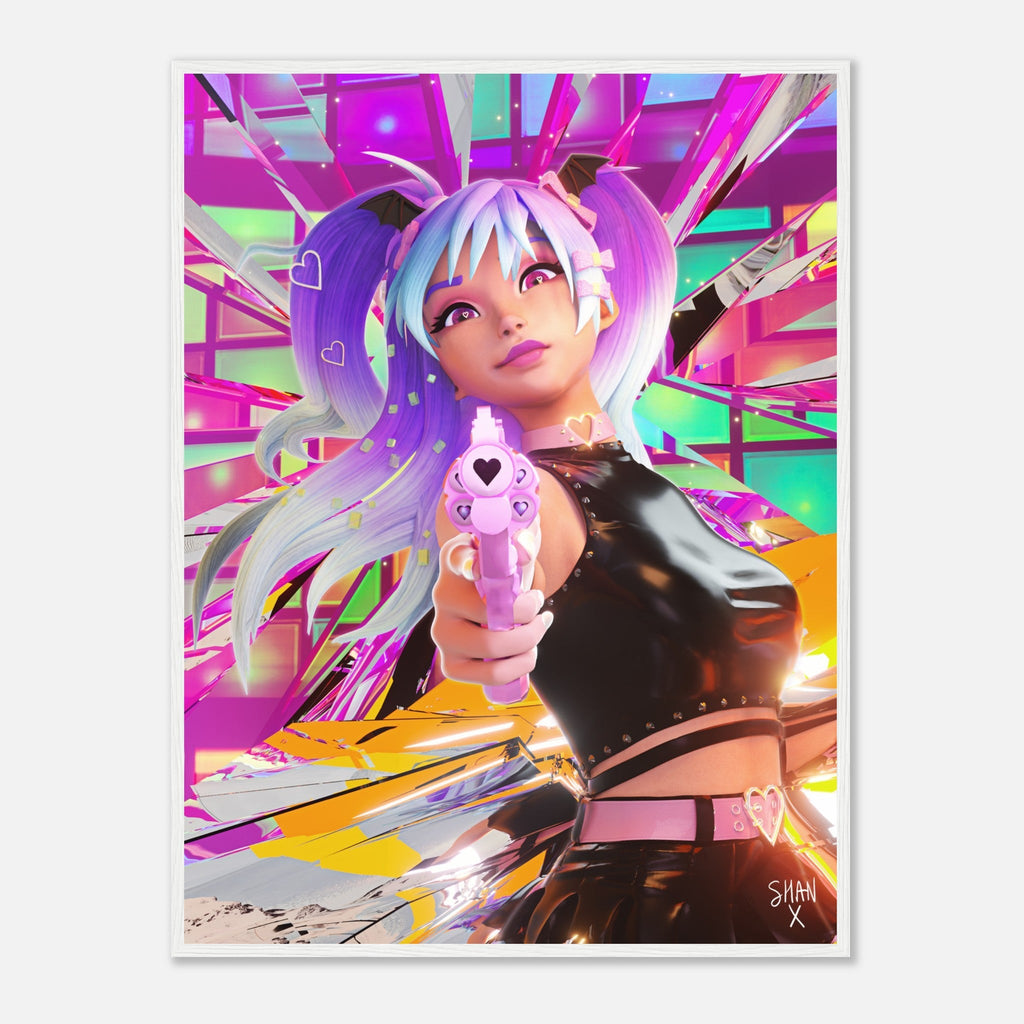 Bad Vibes cyberpunk framed poster of pastel anime girl with purple pigtails aiming a pink toy gun