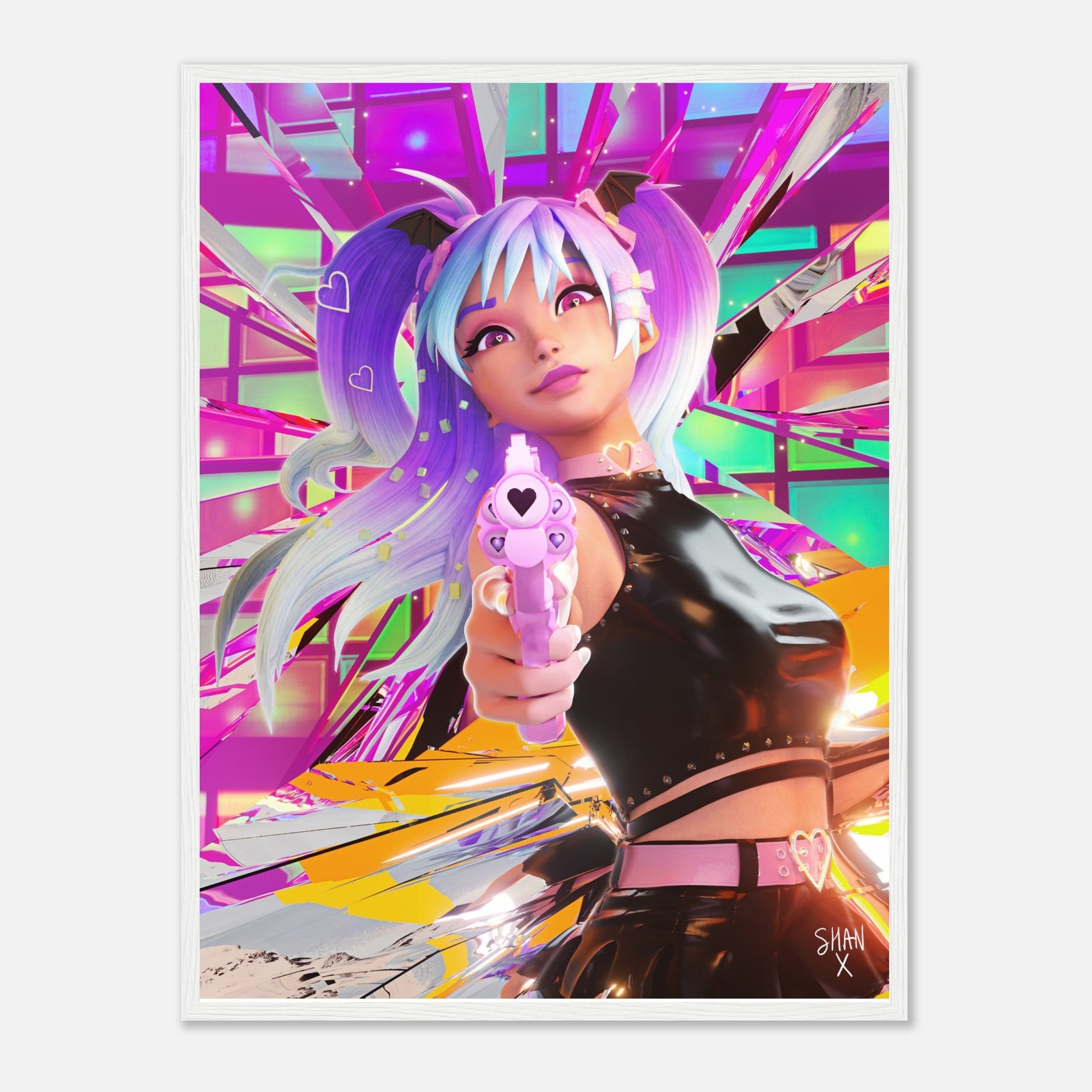 Bad Vibes cyberpunk framed poster of anime girl with purple twin tails aiming a pink heart gun in neon city backdrop
