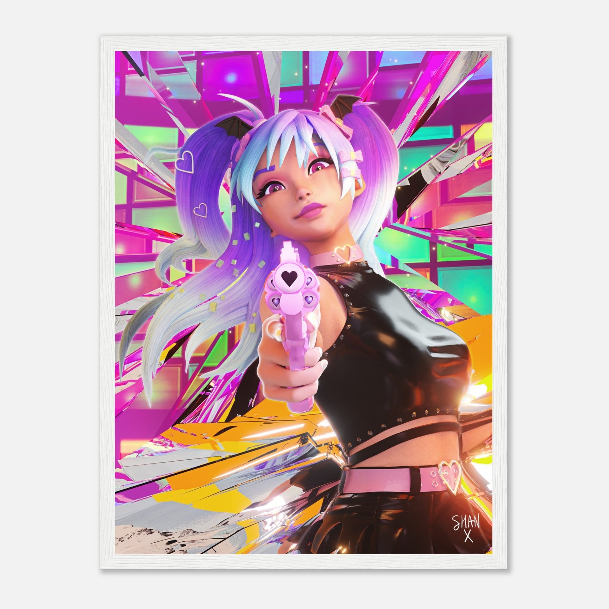Bad Vibes cyberpunk framed poster of anime girl with pastel purple twin tails aiming a pink heart gun