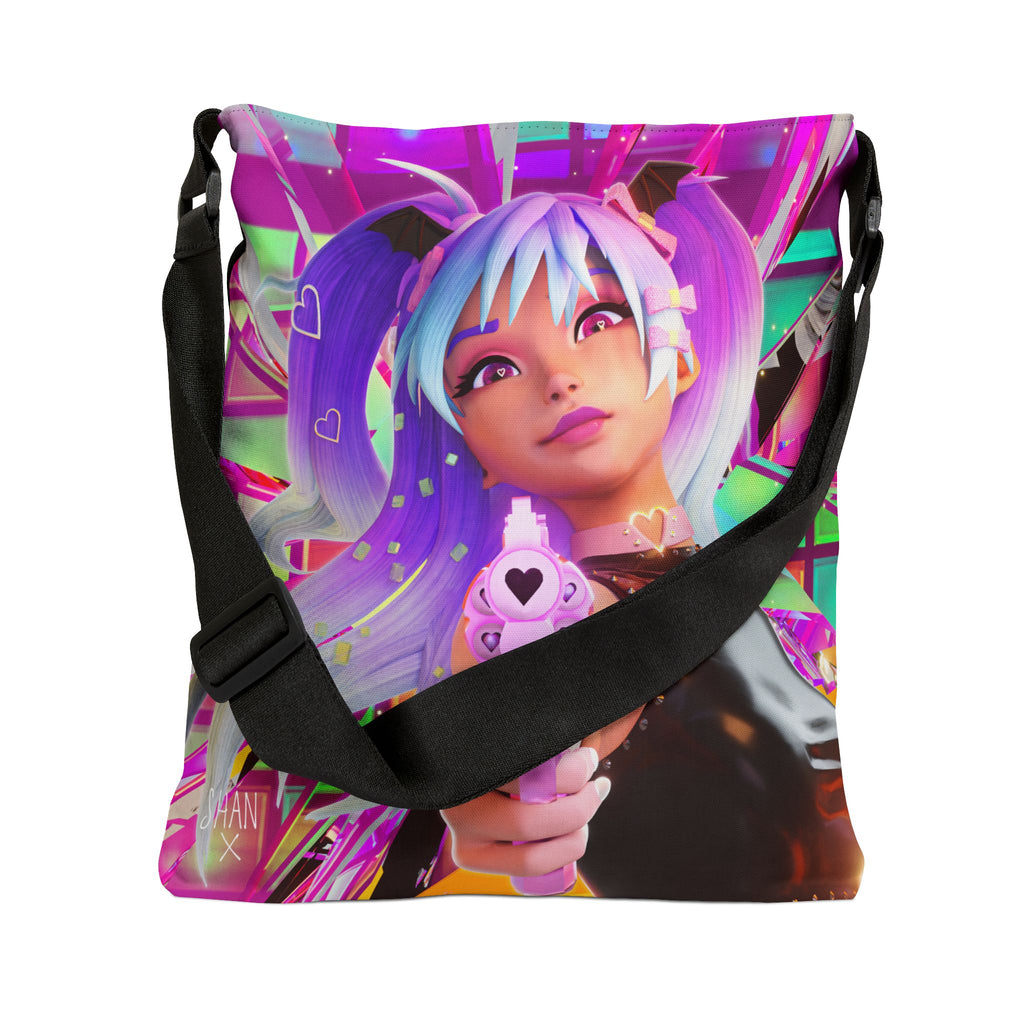 Printify edgy anime print shoulder bag with neon cyberpunk girl holding heart shaped blaster and adjustable black strap