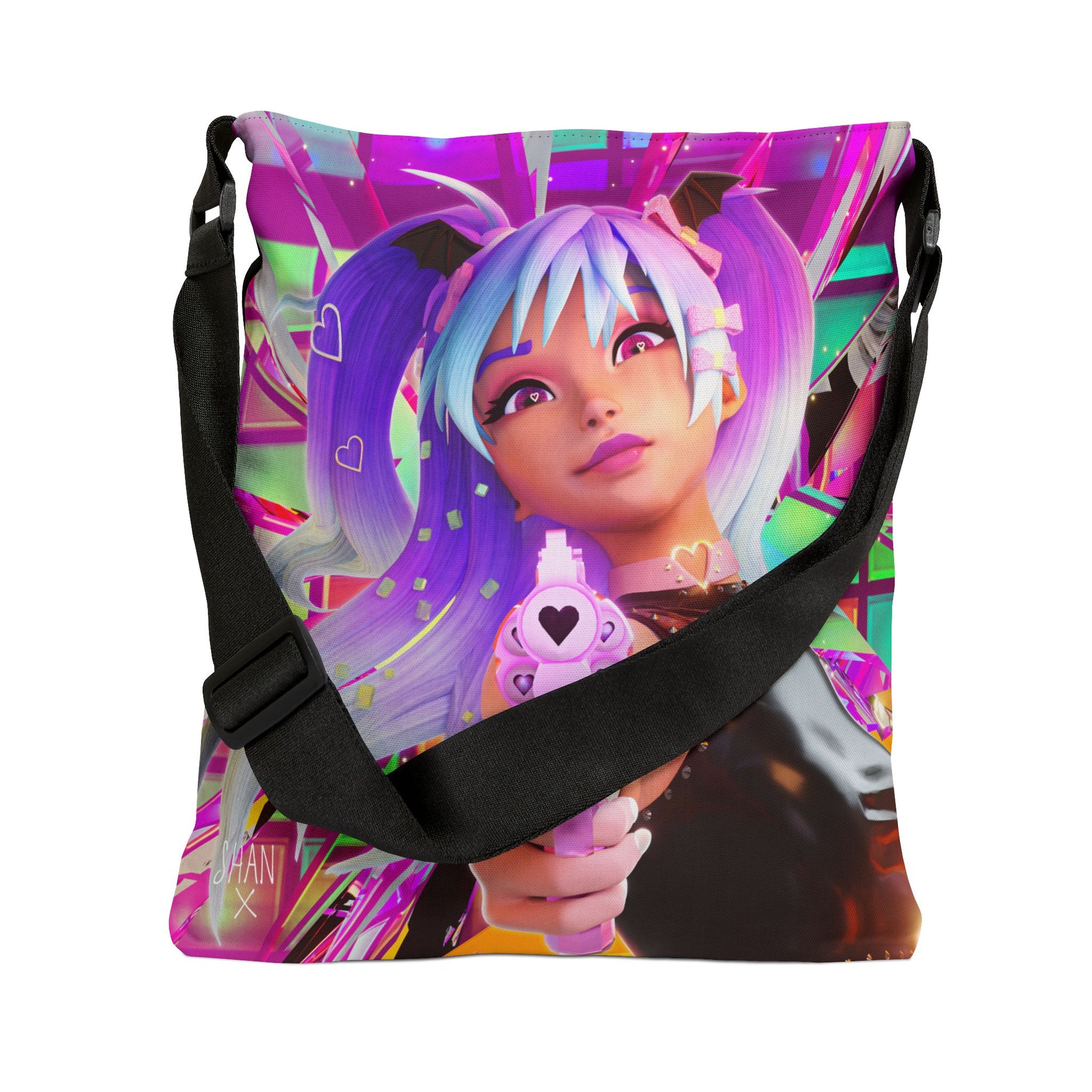 Printify edgy anime print shoulder bag with neon cyberpunk girl holding heart shaped blaster and adjustable black strap