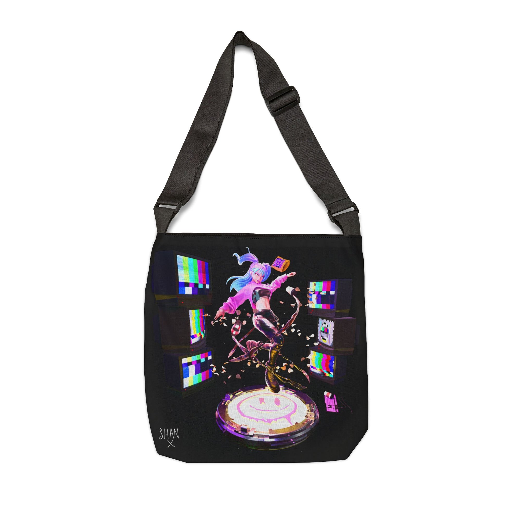 Printify black crossbody bag with neon anime dancer graphic adjustable shoulder strap and retro TV test pattern
