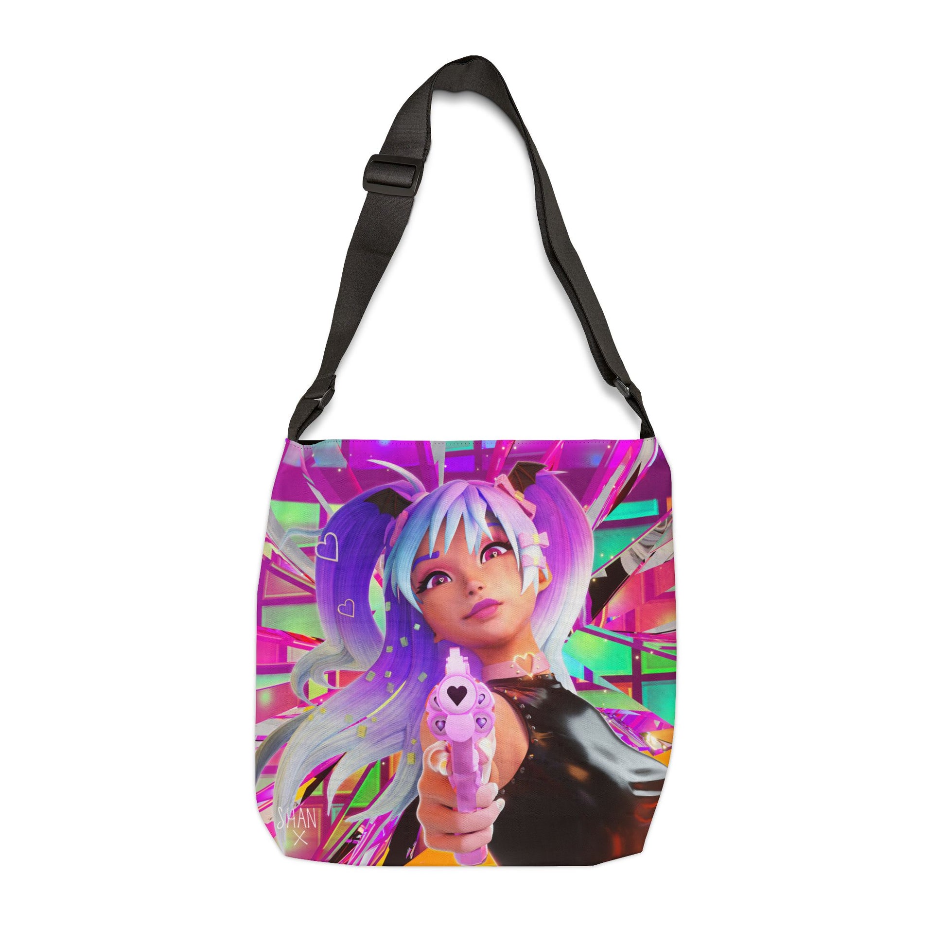 Printify edgy anime print shoulder bag featuring neon anime girl with pastel pigtails pointing a pink toy gun