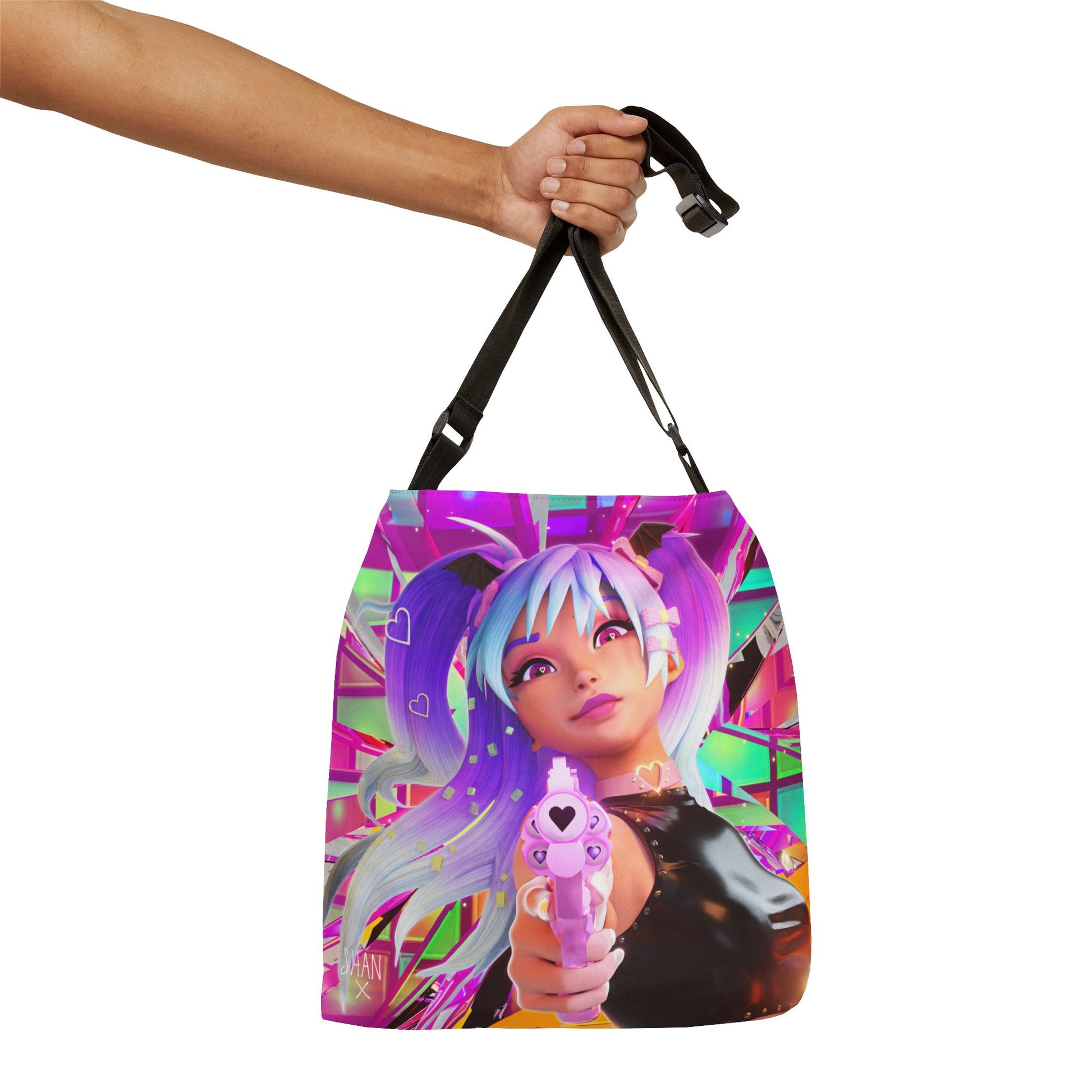 Printify edgy anime print shoulder bag with neon purple haired character pointing pink toy gun