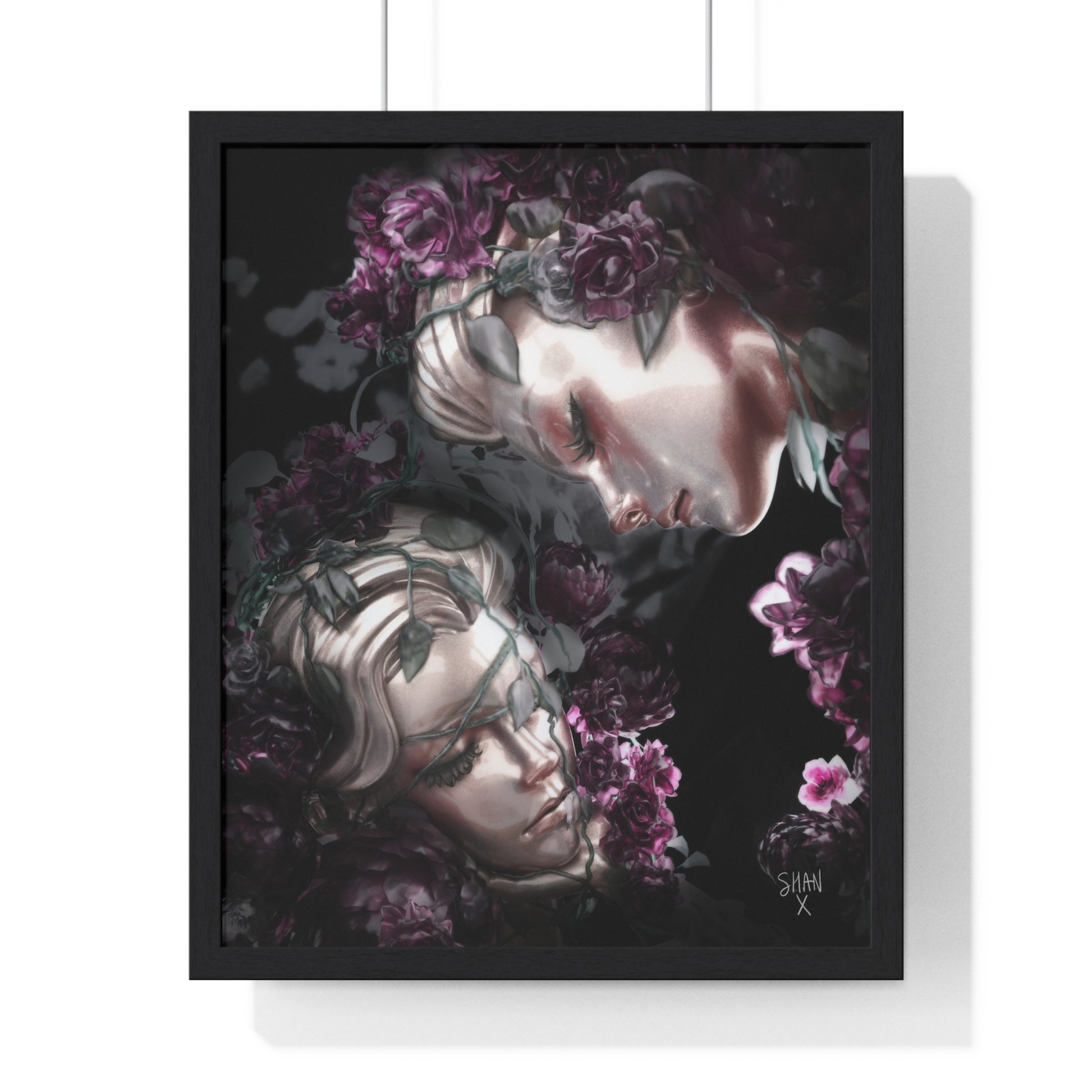 Printify poster showing two ethereal faces entwined with purple roses on black background dark fine art print with frame