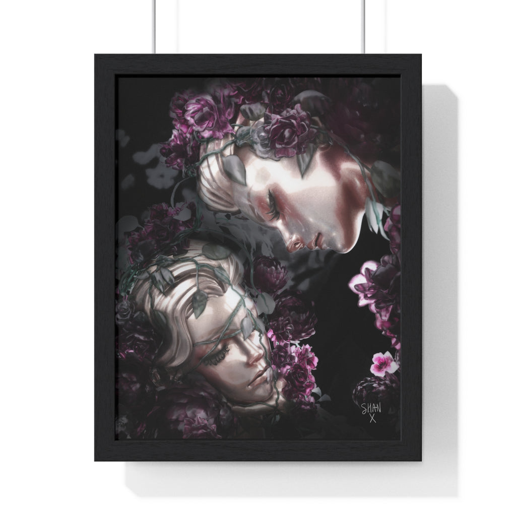 Printify dark fine art print with frame poster featuring two ethereal faces entwined with purple roses on black background