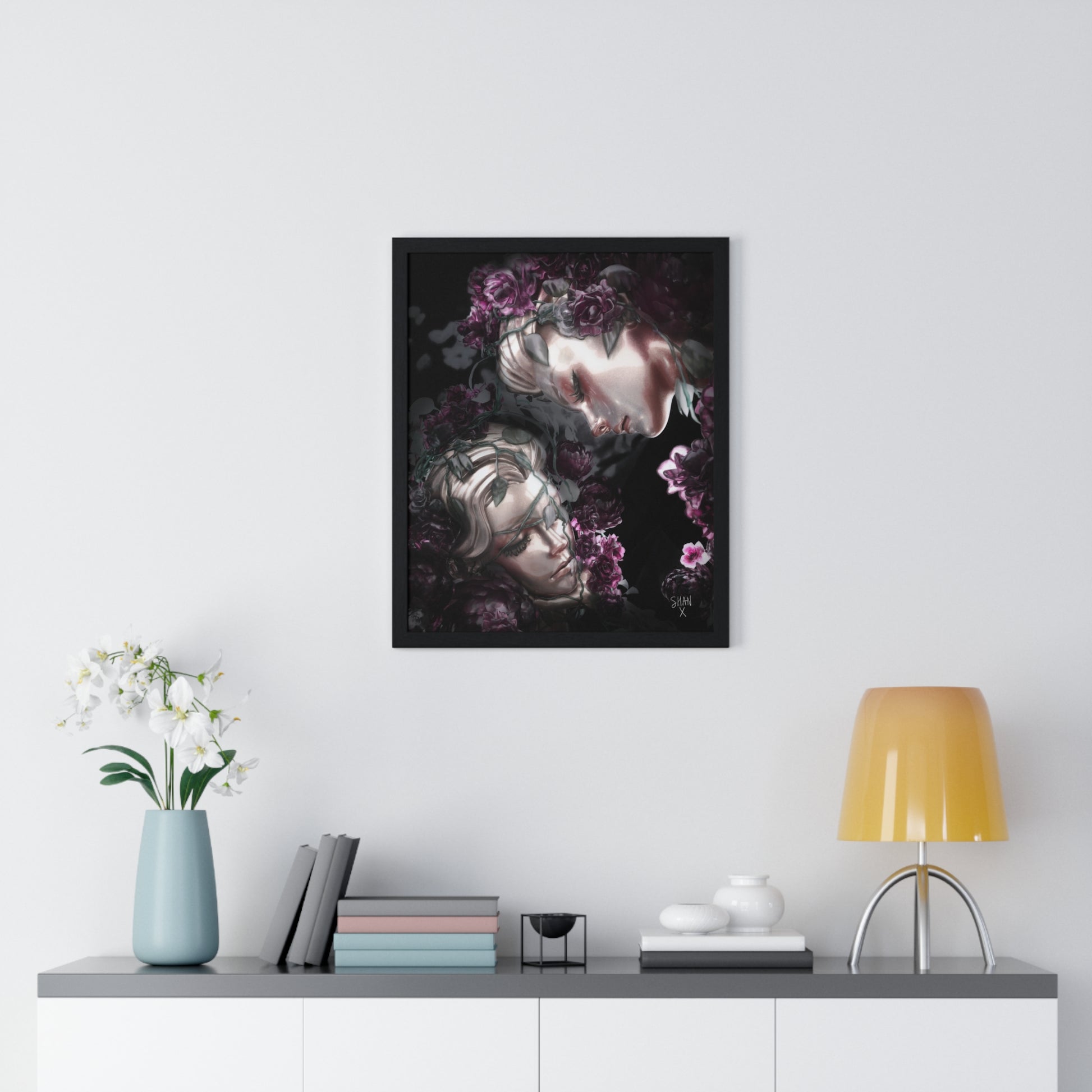 Printify poster showing moody double portrait with flowers in black frame, dark fine art print with frame for modern decor