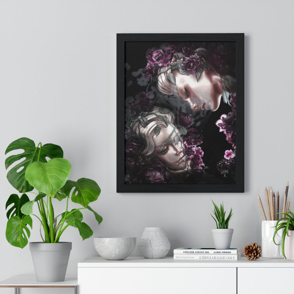 Printify poster showing a dark fine art print with frame of two ethereal faces surrounded by purple roses on a white wall shelf