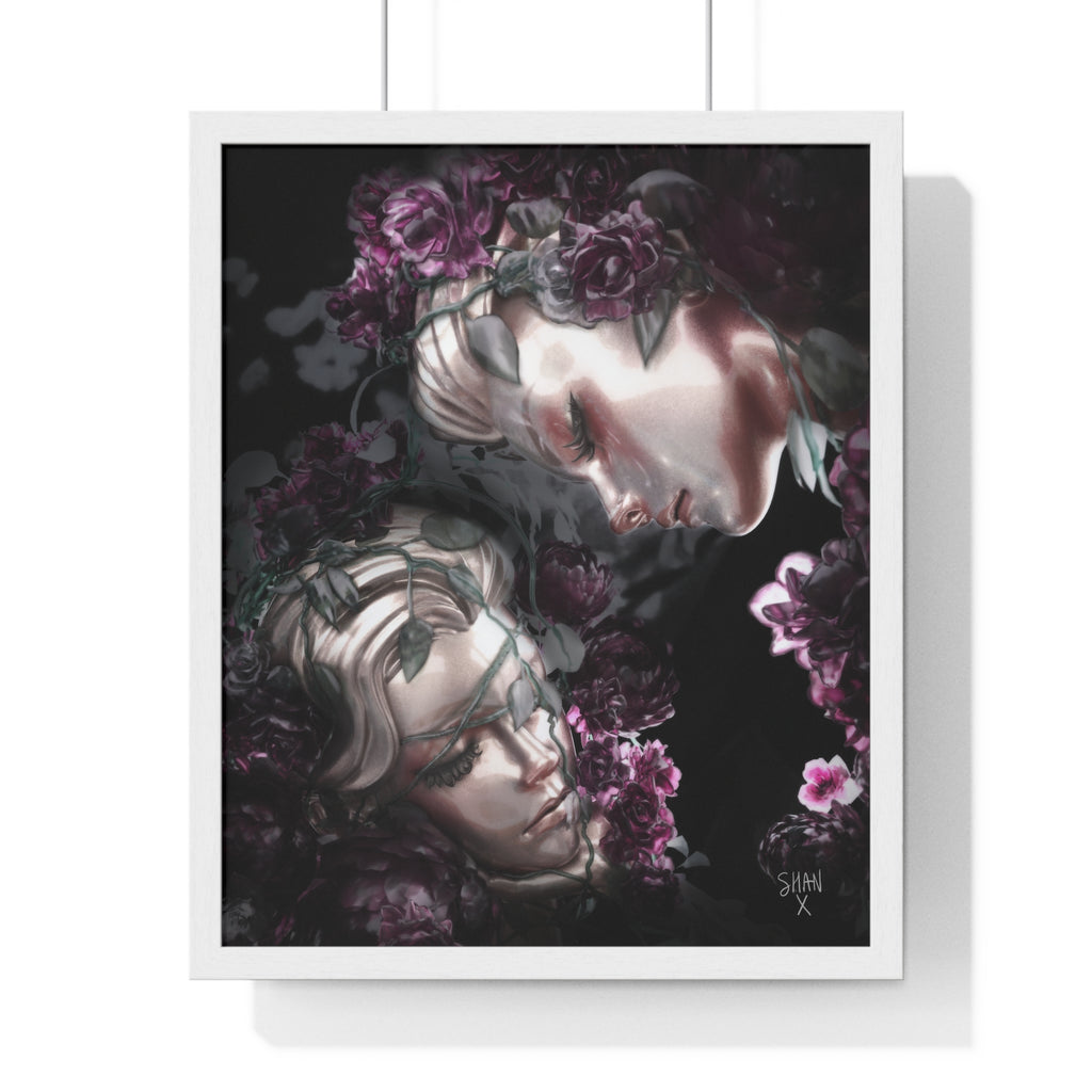 Printify poster of two ethereal faces entwined with dark purple roses on black background dark fine art print with frame