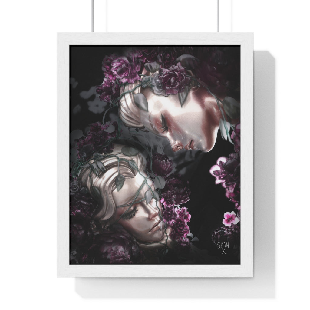 Printify poster featuring two ethereal faces among purple roses dark fine art print with frame in white