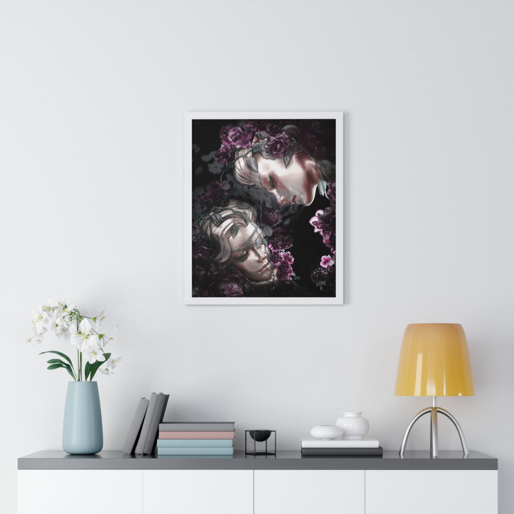 Printify poster dark fine art print with frame showing two ethereal faces among dark roses
