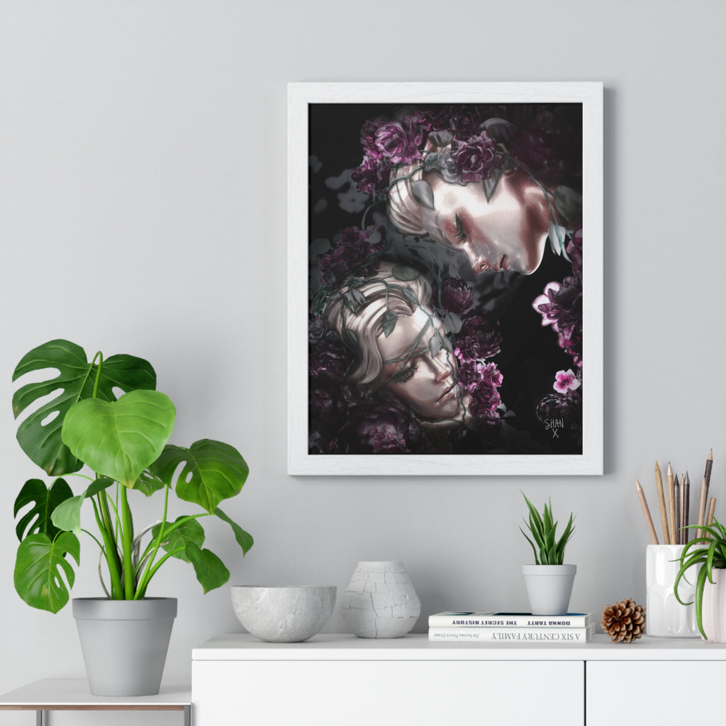 Printify poster featuring moody portrait art in floral tones, dark fine art print with frame displayed on wall